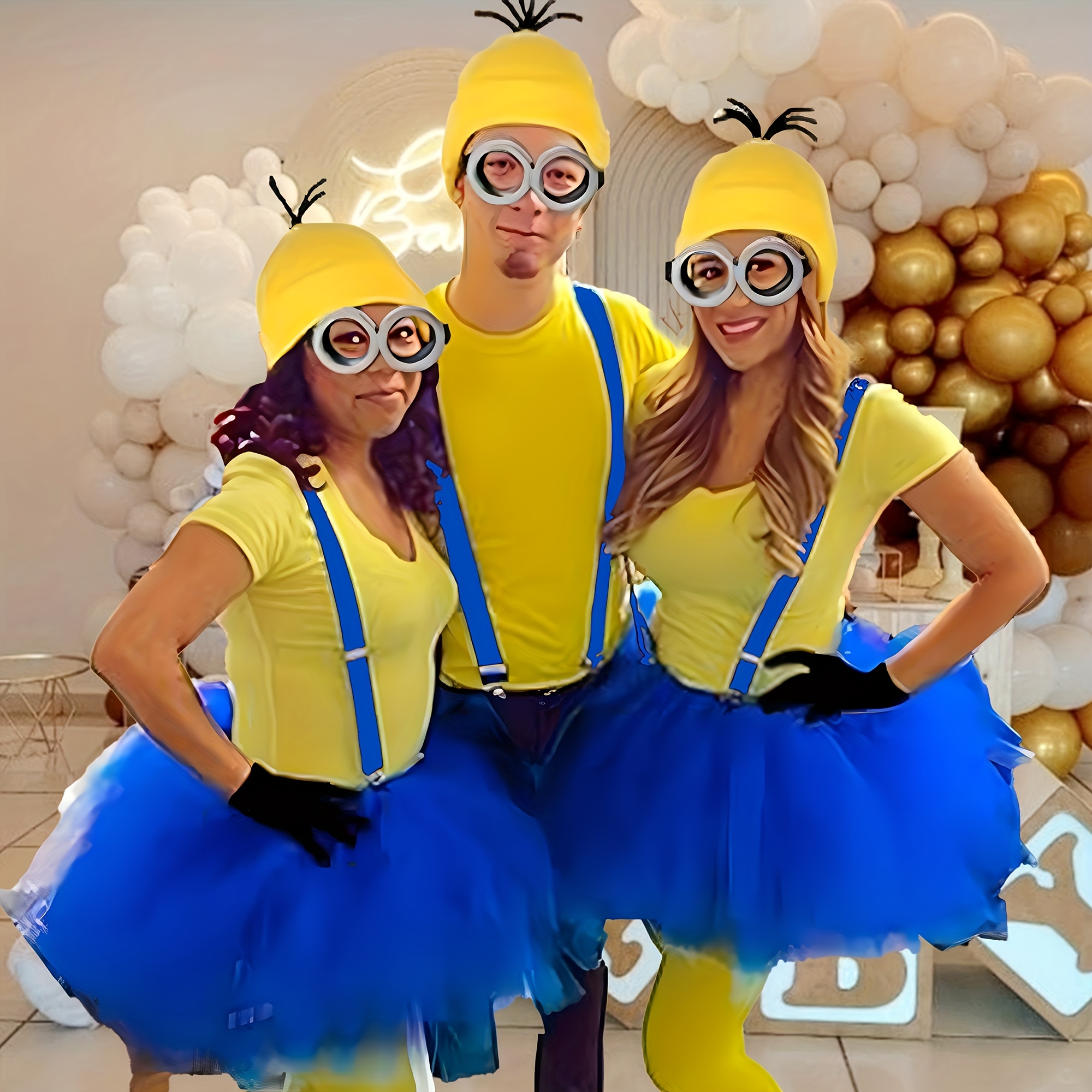 

5pcs Minions Costume Set - Polyester Knitted Hat, Glasses, Gloves & Skirt, Adult Party Wear For Birthday, Housewarming, Anniversary, No Electricity Needed