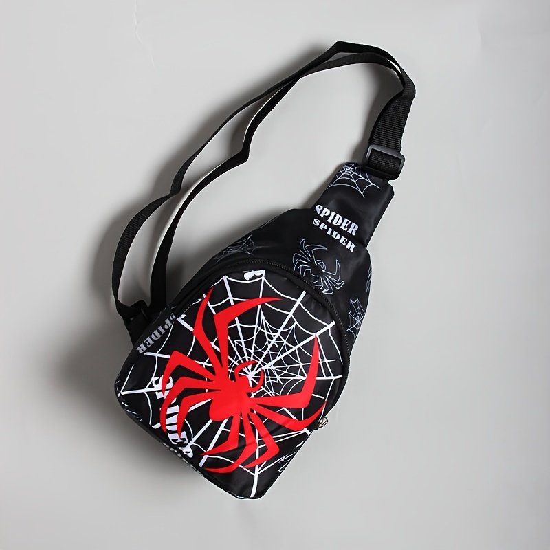 TEMU Boy' Red Spider And Spider Web Print Crossbody Bag Adjustable Strap And Closure, Casual Trendy Sling Bag For Travel And Use