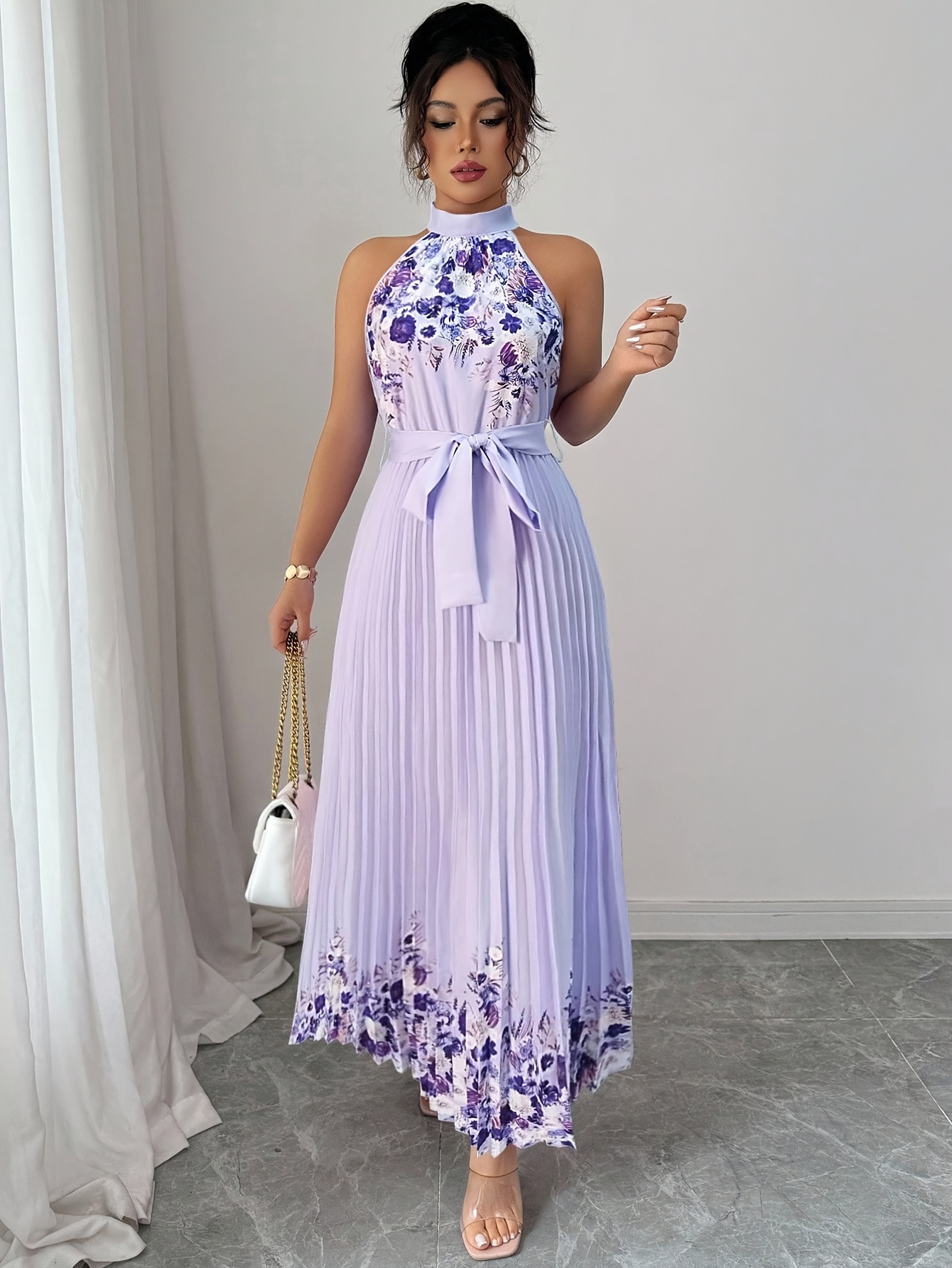 Fashionable New Women'S Summer Halter Floral Print Pleated Dress