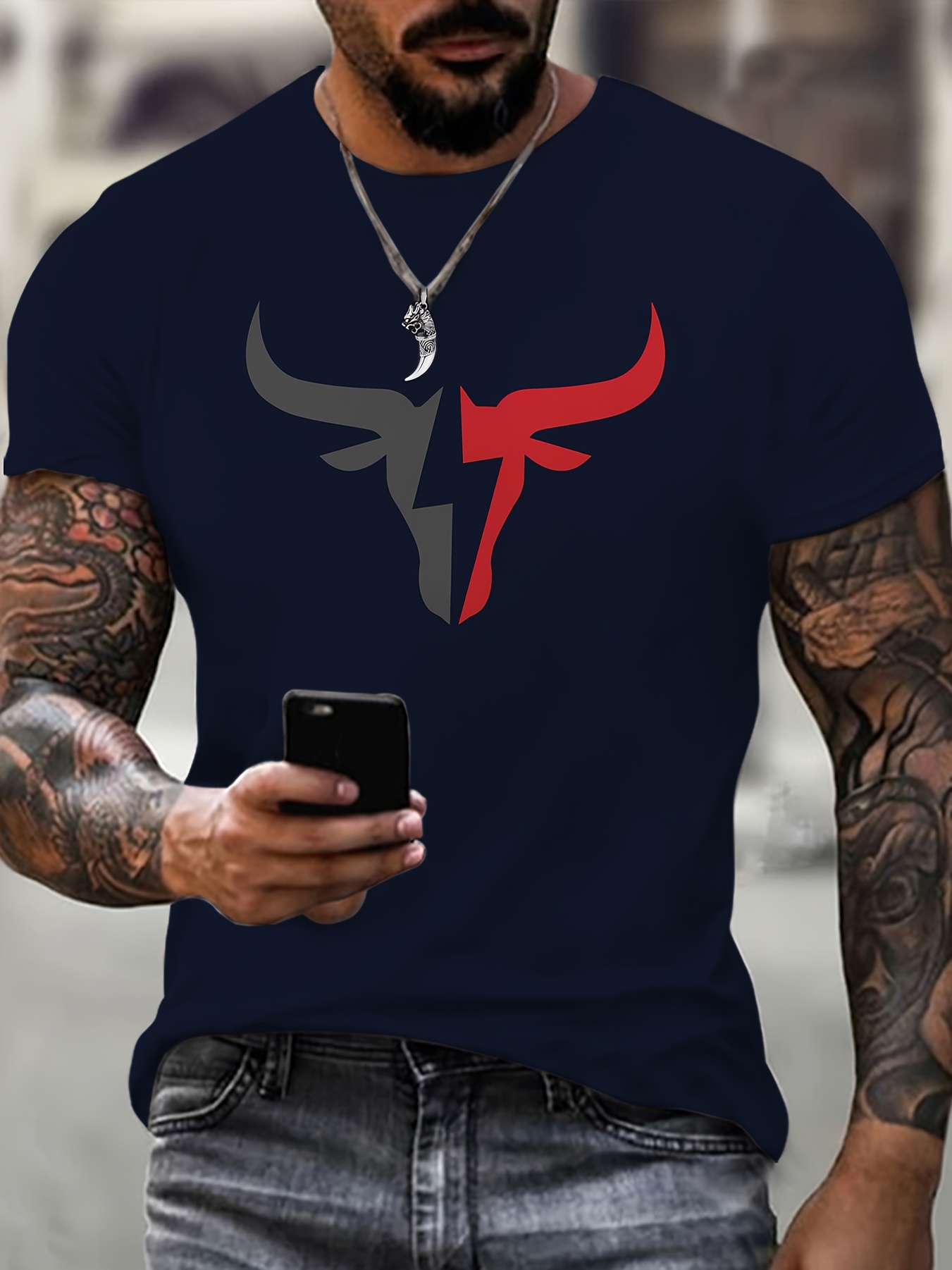 Men's Bull Graphic Print T-Shirt Casual Short Sleeve Crew Neck Tee Men's Clothing For Summer Outdoor