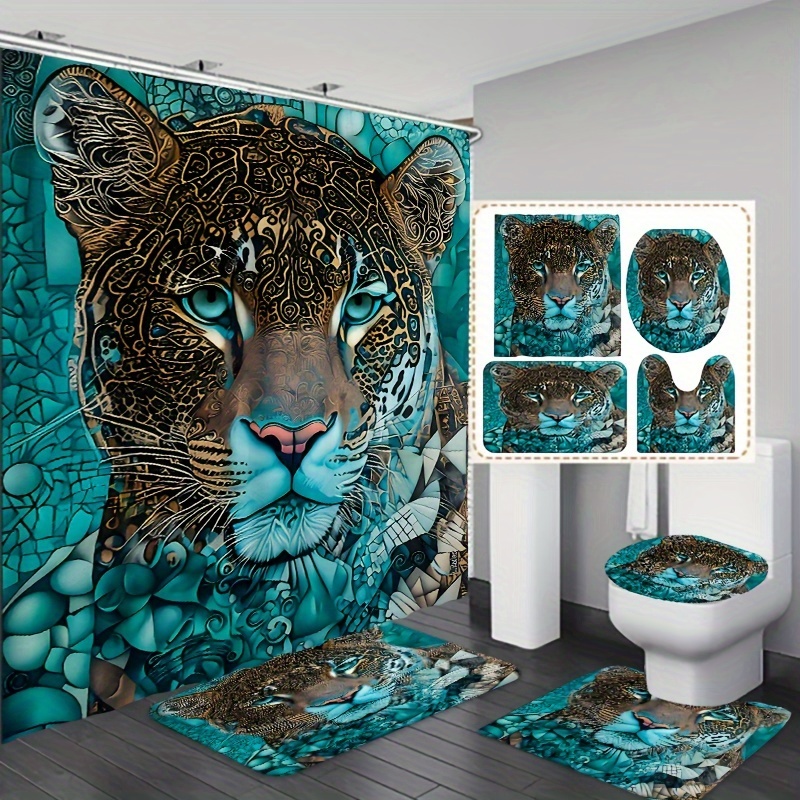 

1/3/4pcs Leopard Pattern Shower Curtain And Mats, Waterproof Shower Curtain With 12 Hooks, Bathroom Rug, Toilet Mat, Toilet Lid Cover Pad, Bathroom Decor, Shower Curtain Sets For Bathrooms