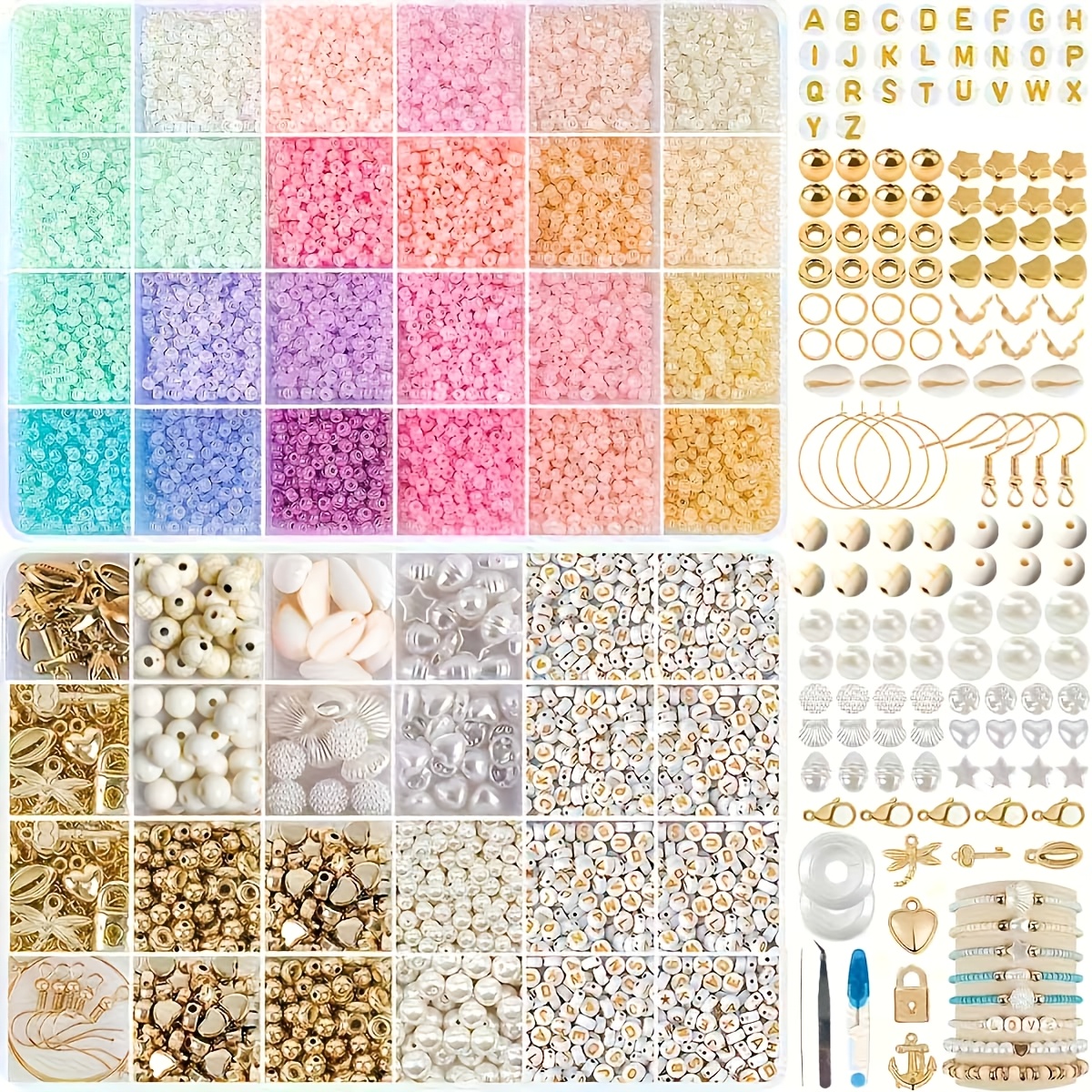 2 Boxes Combination 3mm Seed Beads 24 Colors 10000pcs Bracelet Kit Bead Elastic String Beaded Suit, Friendship Bracelet Necklace Making, Jewelry Making Kits, Suitable For Bracelet, , Keychain Pendant