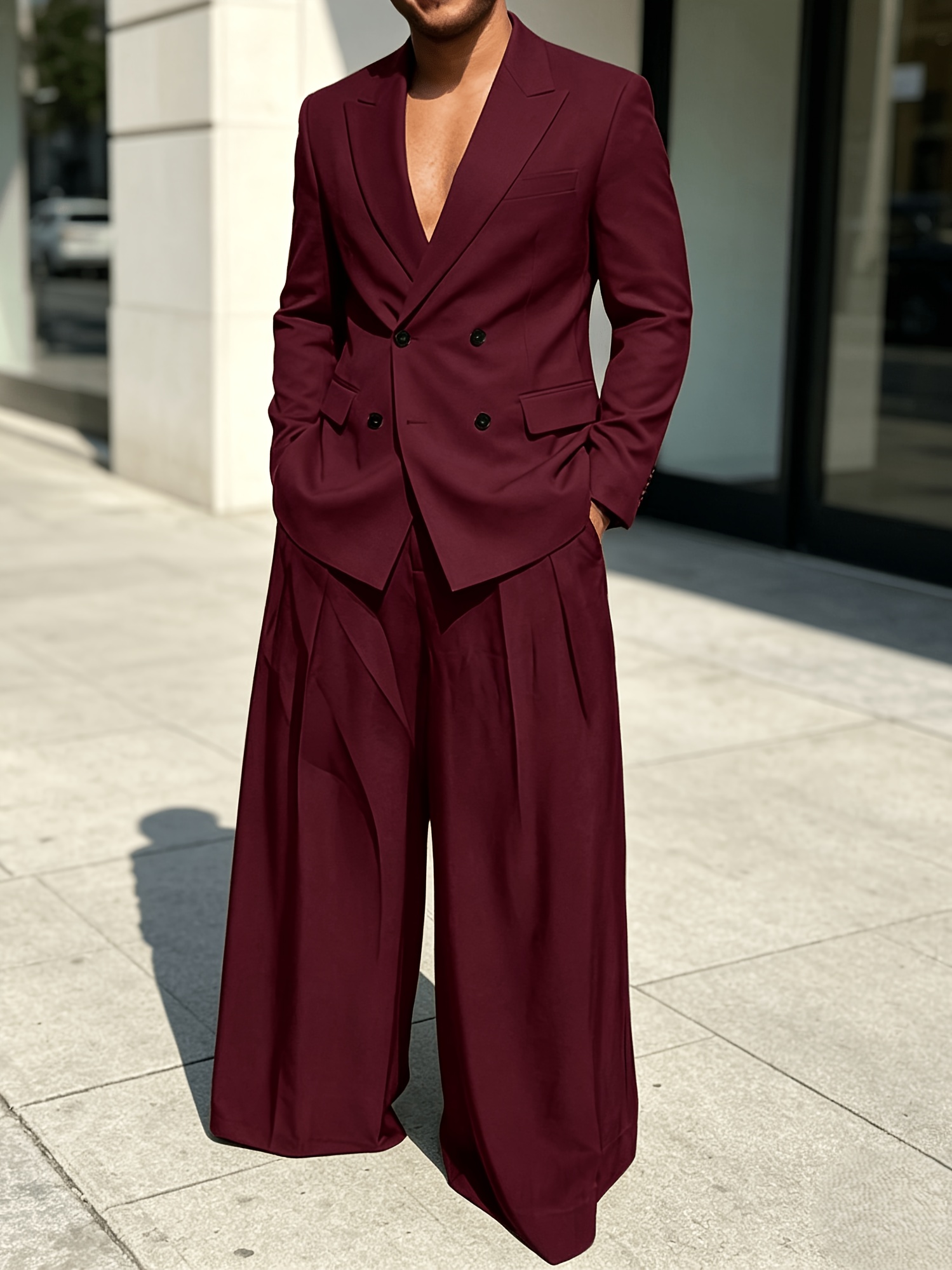     set solid lapel collar long sleeve double breasted     trousers formal work classic pants suit