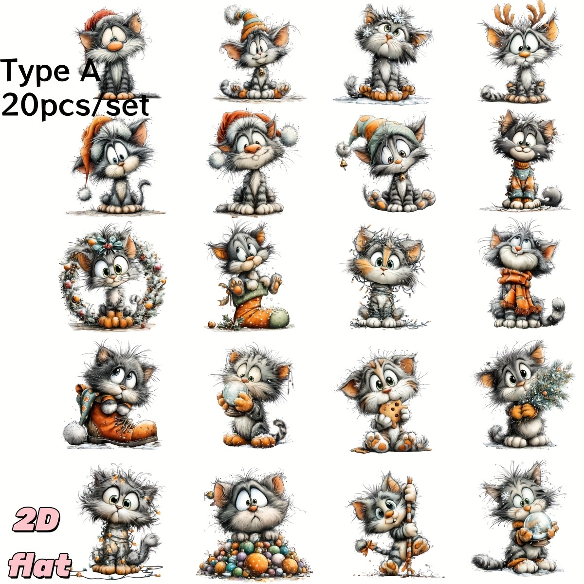 Image of 20pcs/set Retro Christmas Cat Handmade Sticker Decoration 2d Flat, 2d Flat