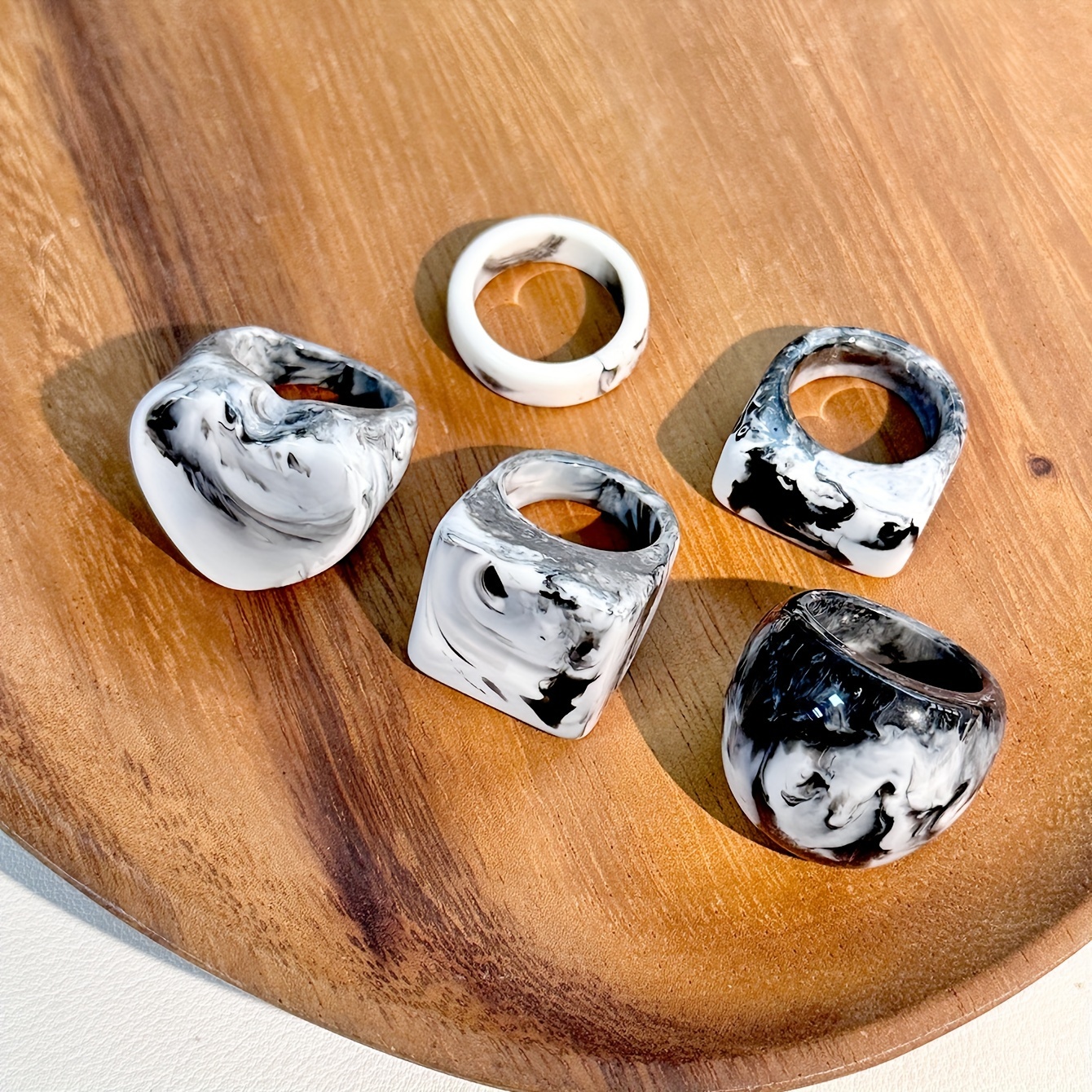 5pcs Resin Ring Set for Women Vintage Ink Pattern No Plating