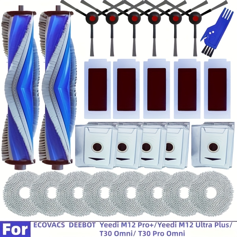 Image of 27pcs Replacement Parts For T30c Pro Omni/t30 Omni/t30 Pro Omni/ M12 Pro+ Robot Vacuum Cleaner, 2 Roller Brushes, 6 Side Brushes, 5 Hepa Filters, 5 Dust Bags, 8 Mop Pads And 1 Tool