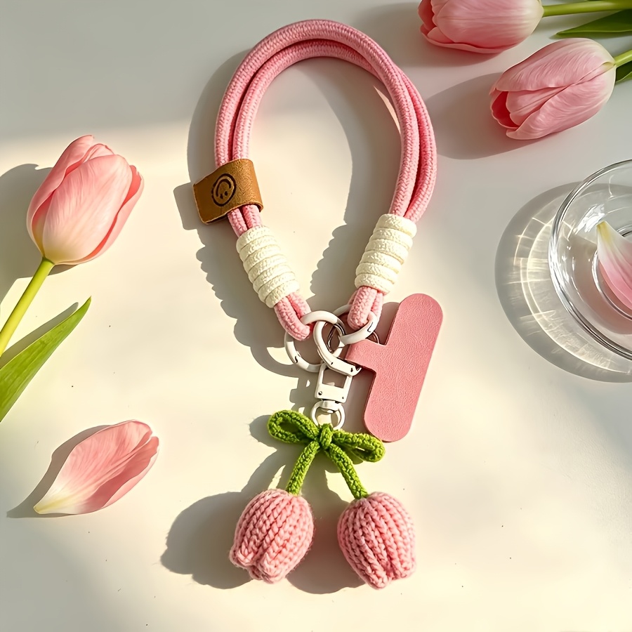 TEMU 1pc Tulip Knit Pendant Phone Lanyard Wristband, Hand Crochet Tulip Pendant Phone Bracelet Strap, Mobile Phone Pendant Strap, Creative Handheld
