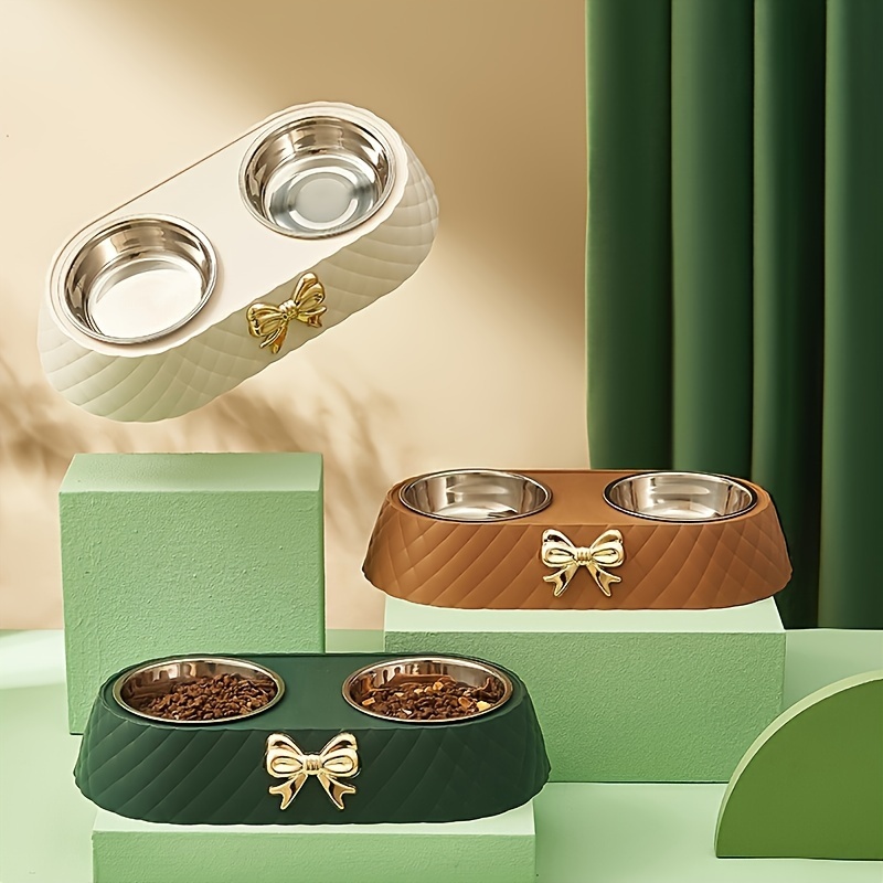 

A Set Of Colorful Fashionable Bow Pet Bowls With Large Capacity For Feeding, Double Stainless Steel Cat Bowls For Feeding And Drinking, Cat Food Bowl