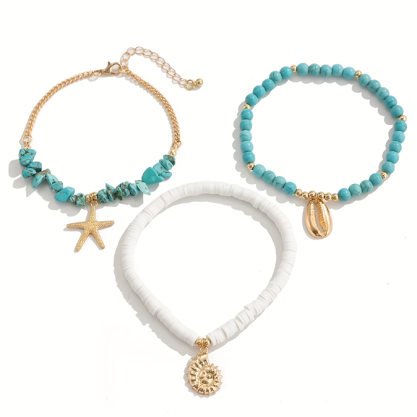 E-shop Set mit 3 Knöchelketten im Boho-Stil, inspiriert von europäischen und amerikanischen Designs, für Damen. Diese personalisierten künstlichen