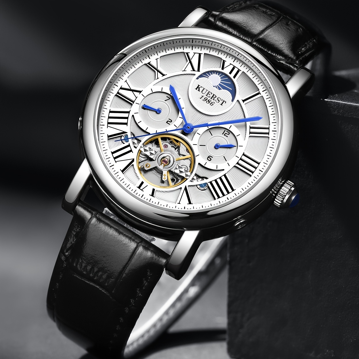 

Kuerst Men's Belt Automatic Mechanical Watch, Multi-functional Waterproof Flywheel Watch