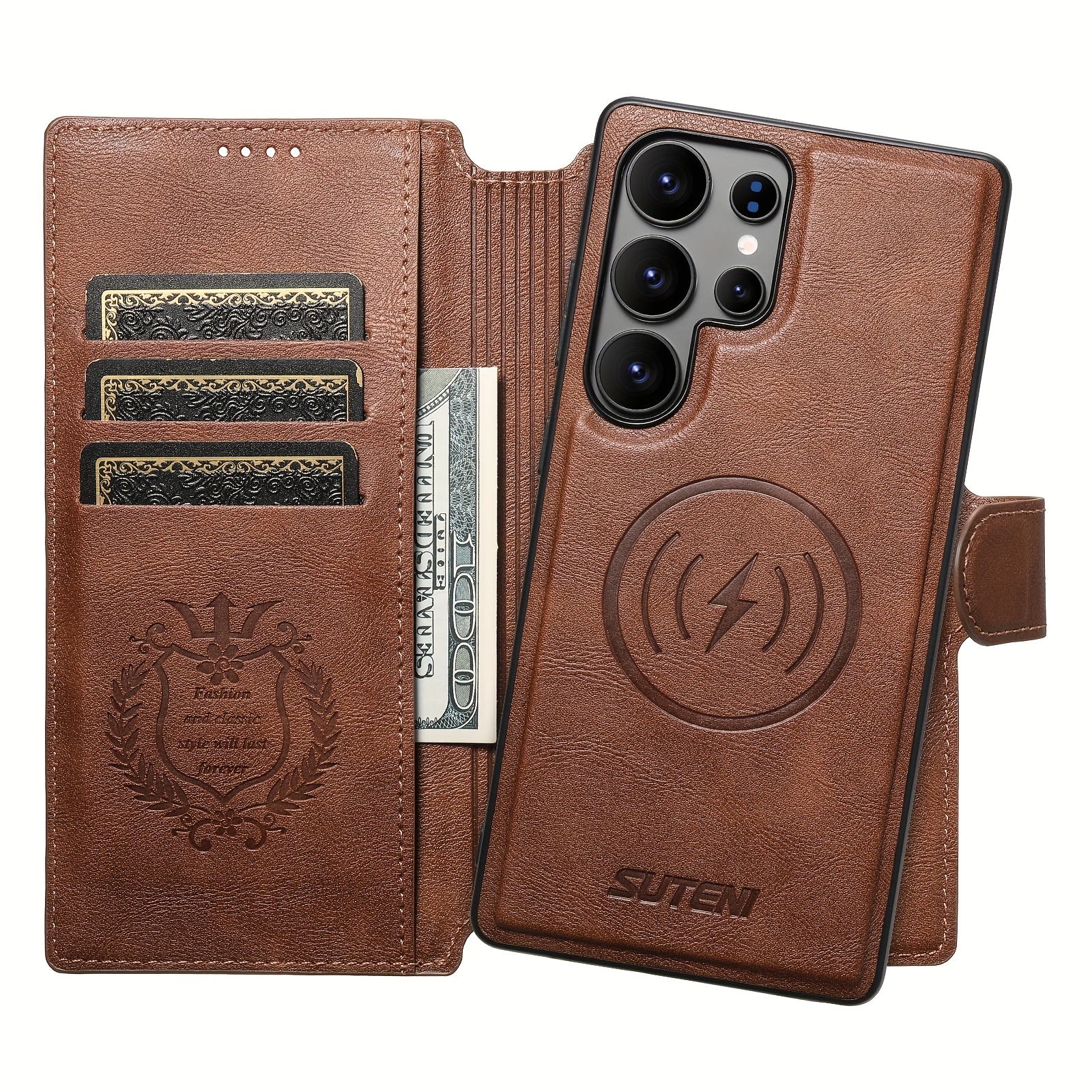 TEMU Phone Case: Oil-wax Dual-function Men's And Women's Wallet Card Holder Slot Stand Cute Synthetic Leather Phone Case, Suitable For Galaxy S25