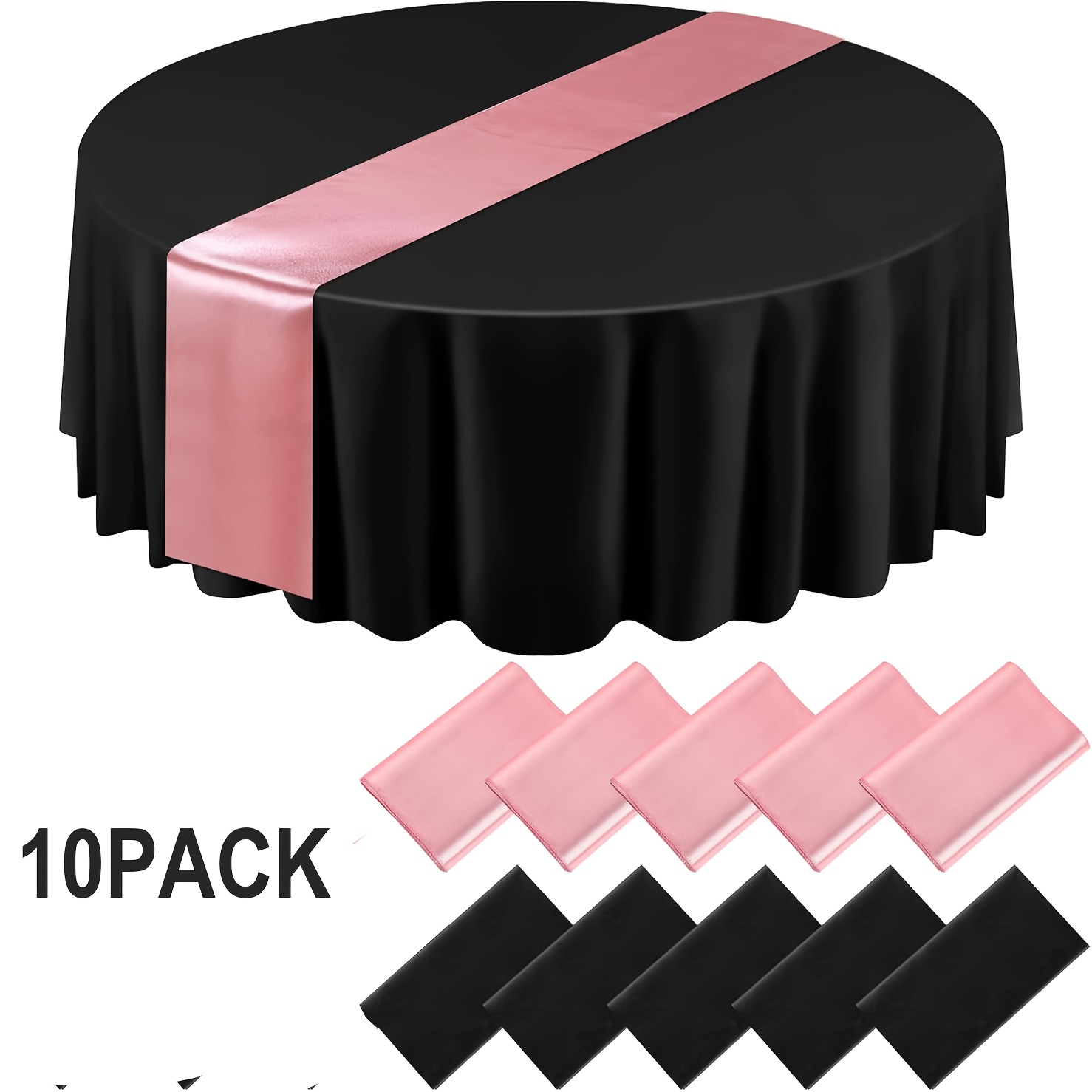 TEMU 10 Pack Black And Rose Golden Round Plastic Tablecloth And Satin Table Runner Set 84 Inch Round Covers 12 X 108 Inch Table Runners For New Year