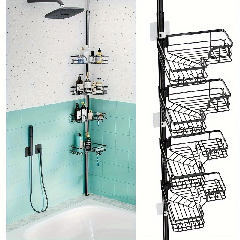 

1pc Corner Shower Caddy With Soap Holder, Rustproof & Waterproof 304 Stainless Steel Shower Corner Organizer, Shower Shelf Tension Pole Extend From 26.7 To 108.3 Inch