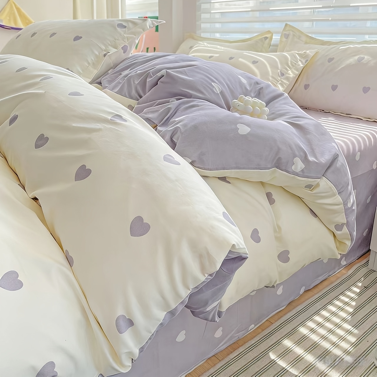 TEMU Set Multi-Misura 2 pezzi/3 pezzi, Facile Cuore Viola Blu Naturale Delicato Camera da Letto Biancheria da Letto Copripiumino 2/3 pezzi Set