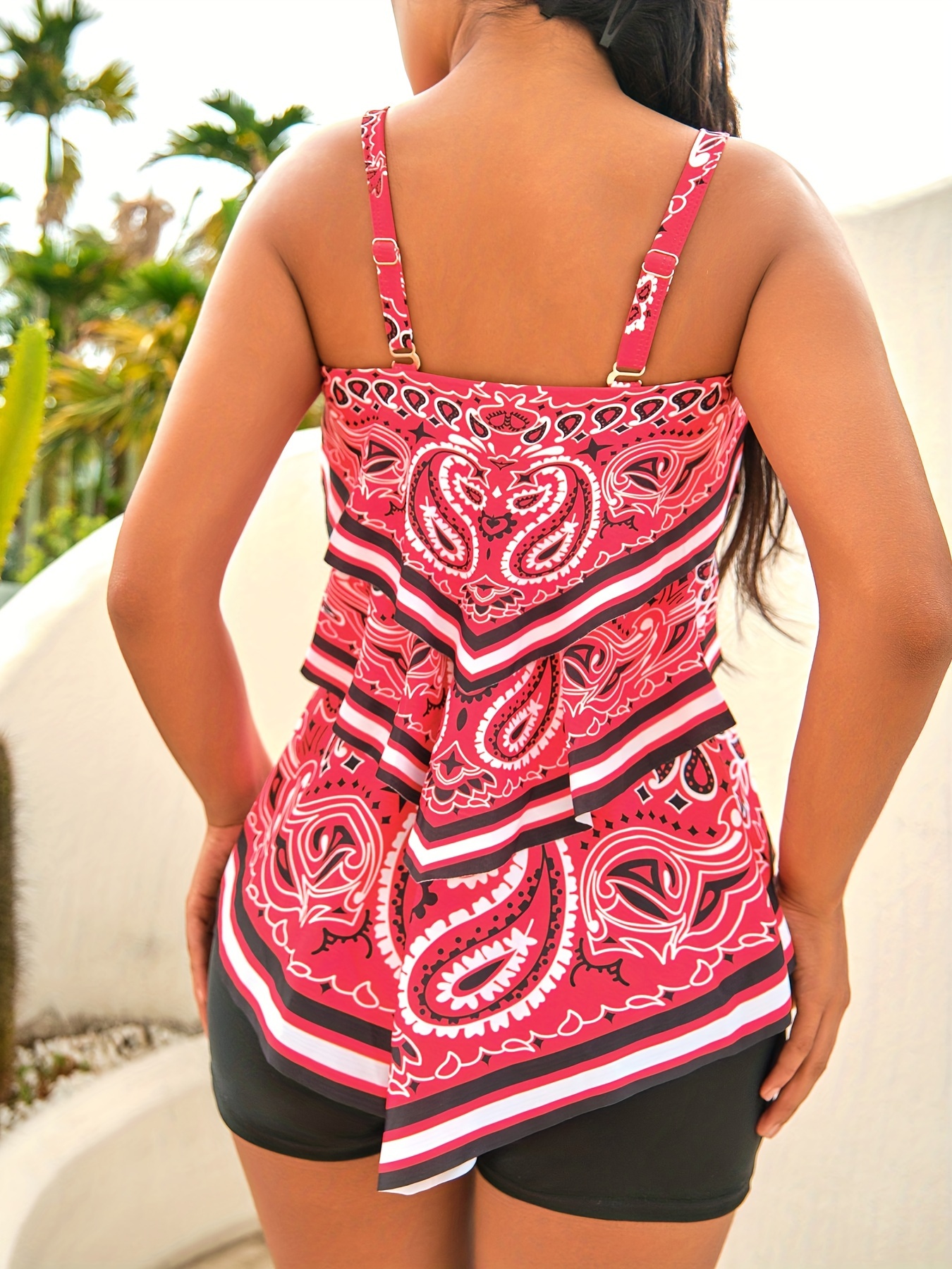 Paisley Floral Tiered Layer Ruffle Tankini Red Stretchy - Temu