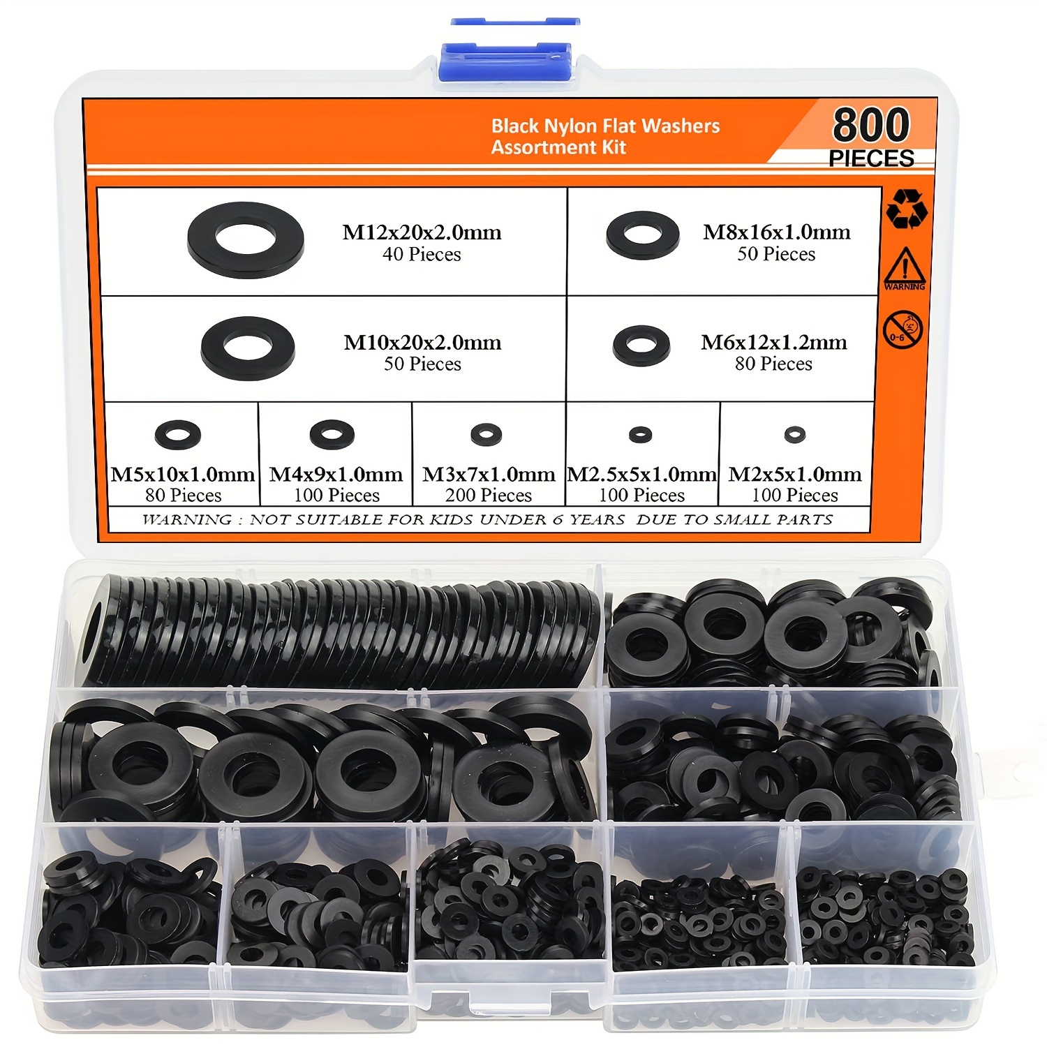 

800pcs Nylon Flat Washers Assortment Kit - Black Non-rubber Sealing Rings In Metric Sizes M2, M2.5, M3, M4, M5, M6, M8, M10, M12 - Plastic Gasket Set For Hardware And Diy Projects