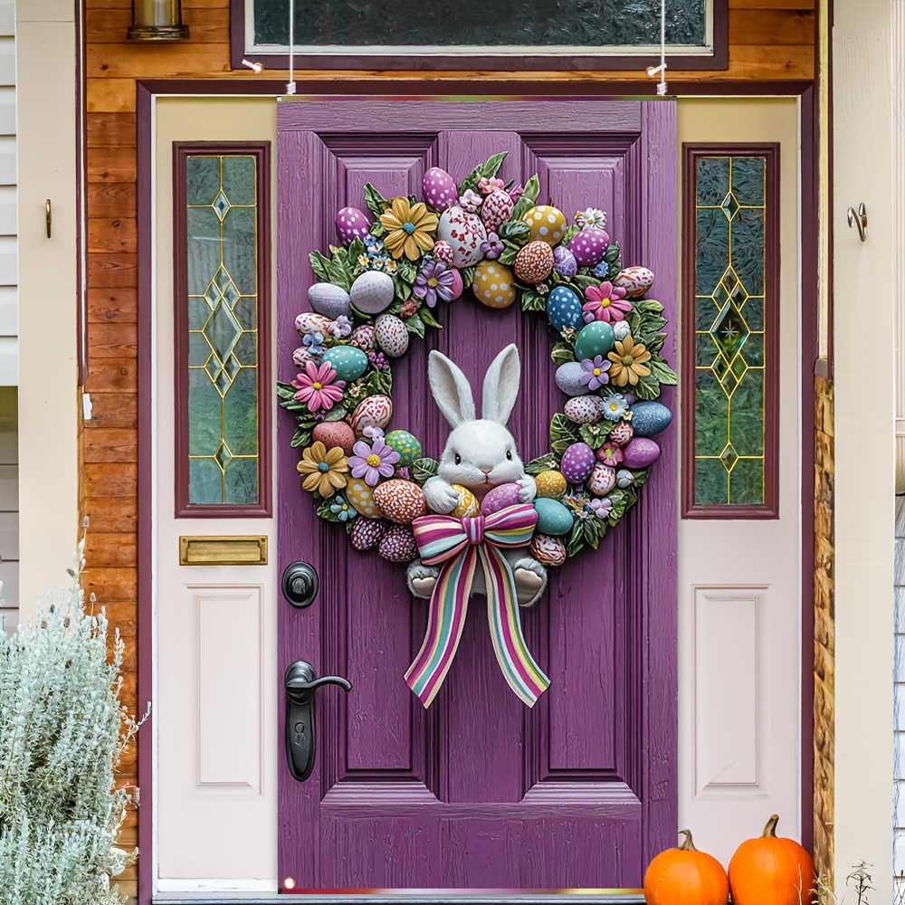 

1pc Easter Themed Door Wreath, Polyester Floral And Egg Design With Cute Accent, Multipurpose Party Banner, No Electricity Needed, With Fits For Indoor & Outdoor Decor