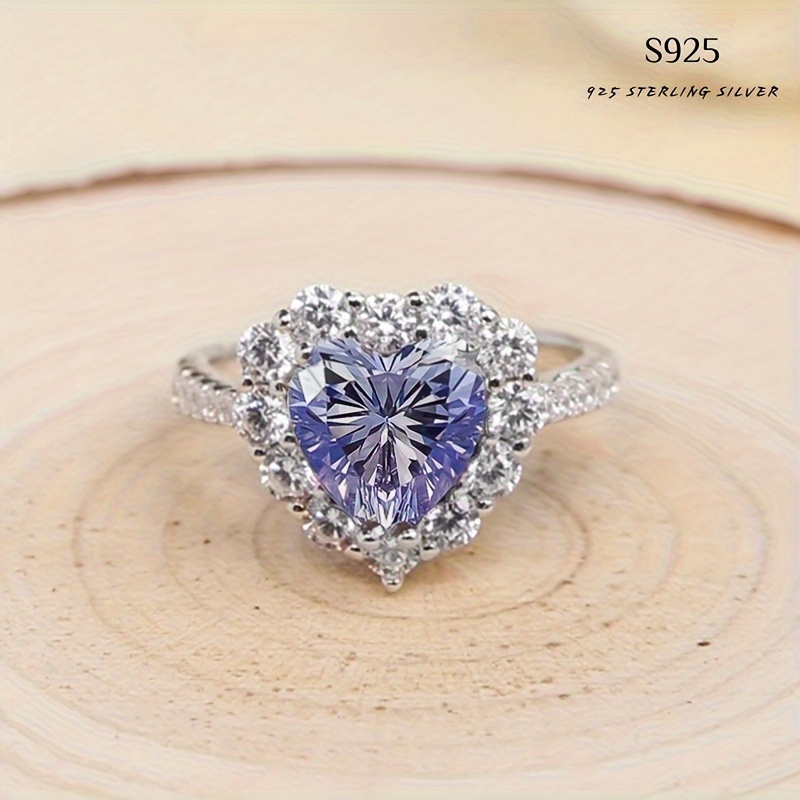 

S925 Sterling Silver Heart-shaped Amethyst Ring With Halo Of Synthetic - Perfect For November Birthstone Lovers