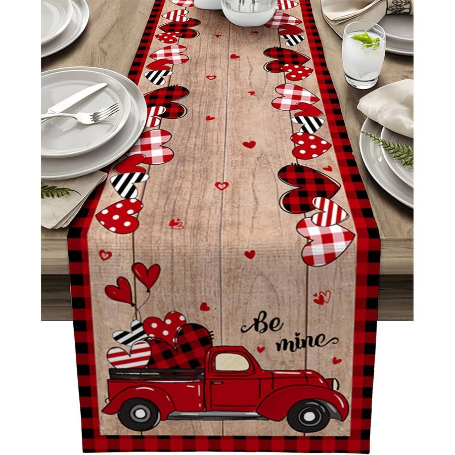 

Valentine's Day Linen Table Runner - & Love With Wood Grain, Romantic Dinners, Anniversaries, Weddings & Parties