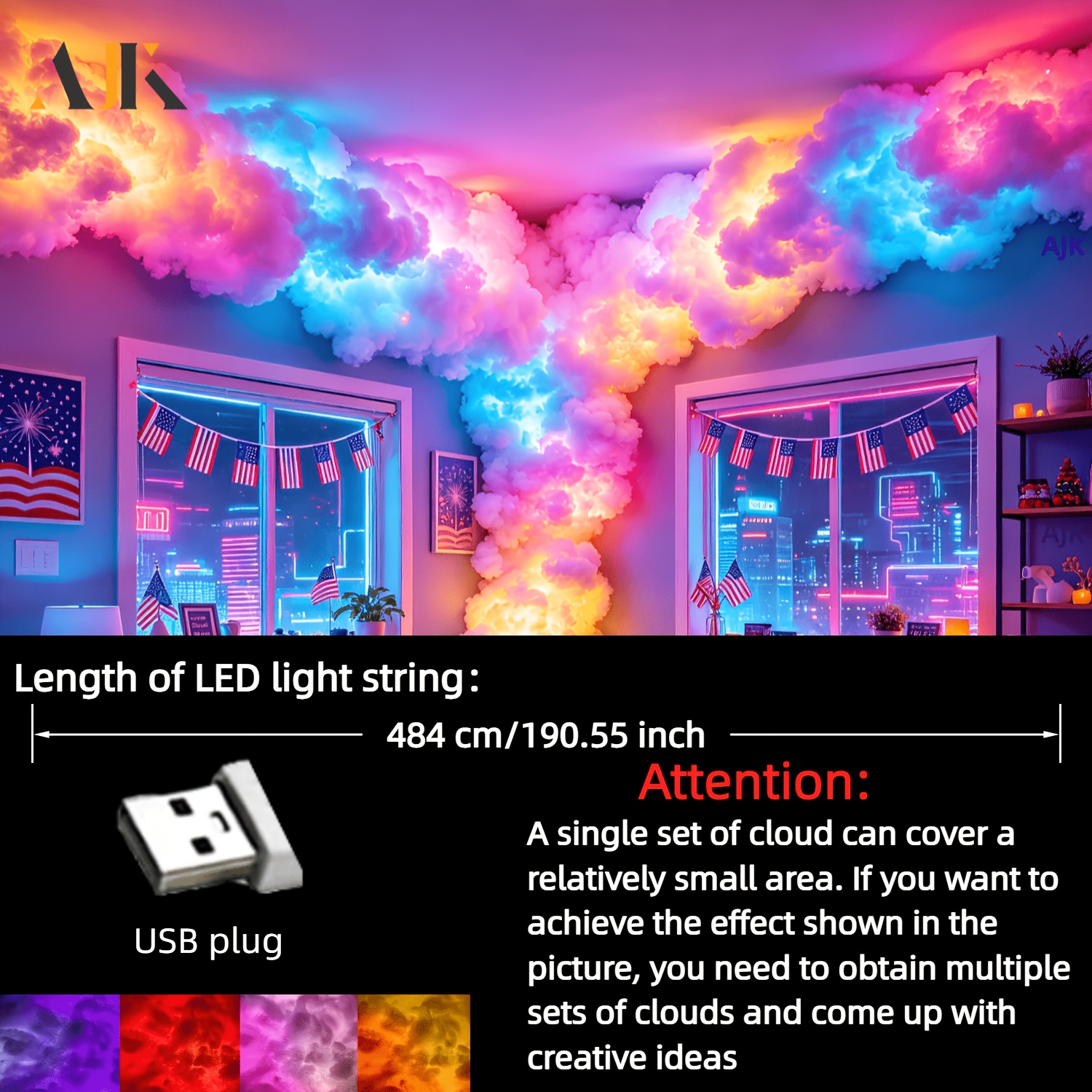 TEMU Ajk 4.84m Big Light With Music Sync Function, Modern Neon Light Effect Gradient Color-changing Light - Plug-and- Home Decoration For Bedroom,
