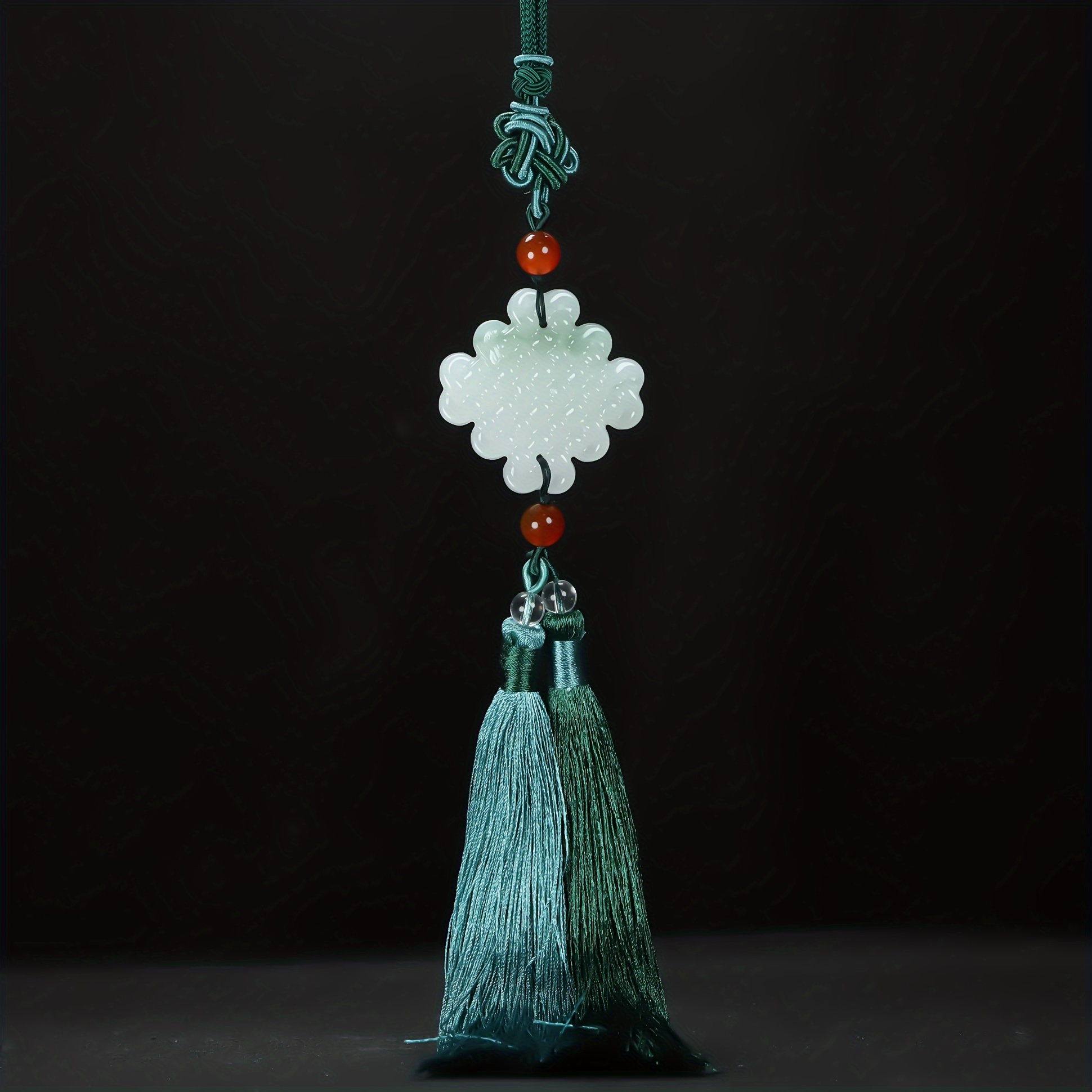 

Handcrafted Jade Pendant With Green Tassel And Red Beads - Car Interior Decoration