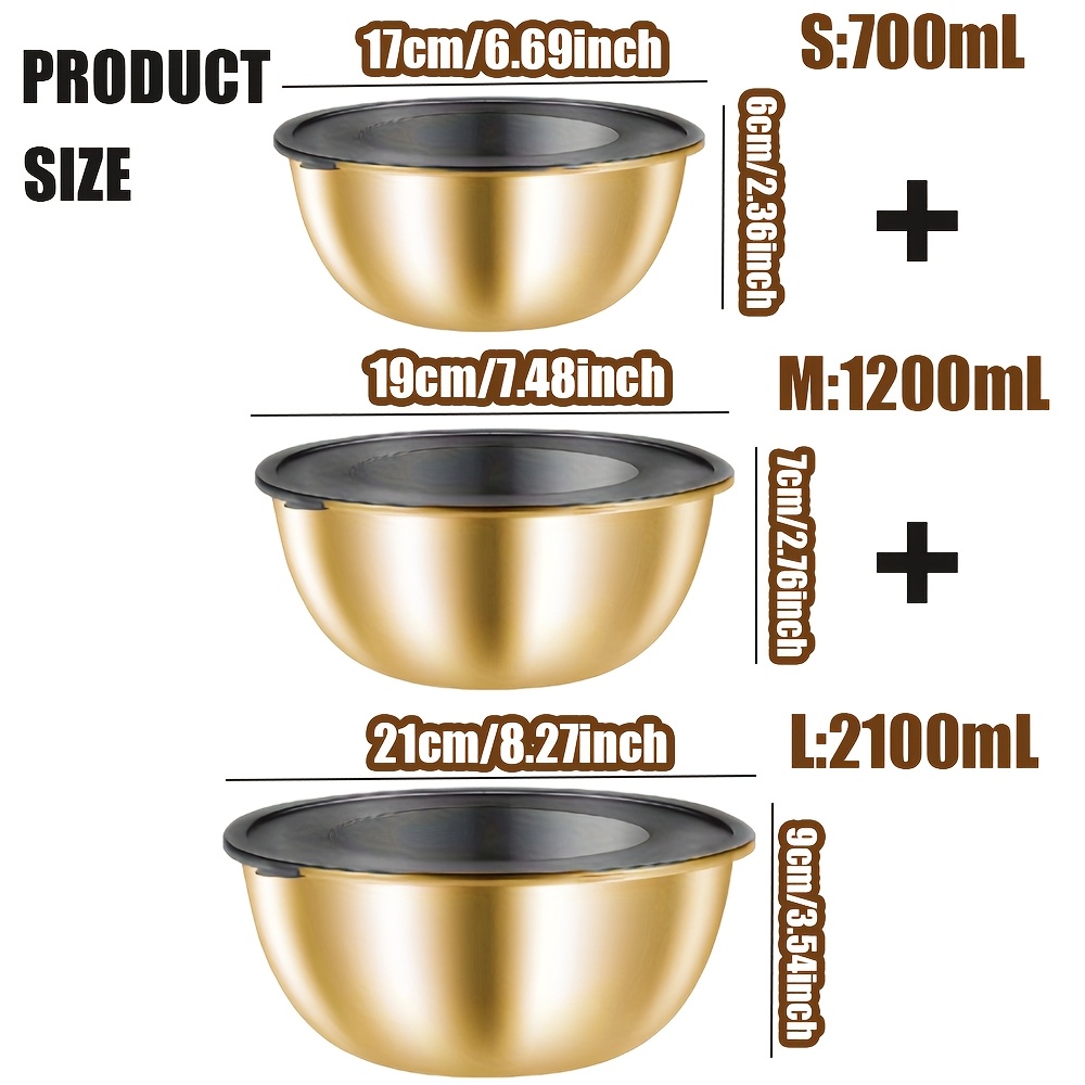 E-shop 3-teiliges/Set, goldene Küchenschüsseln aus Edelstahl (mit Deckel und Skala), lebensmittelechter Edelstahl, rostfrei, polierte Metalloberfläche,