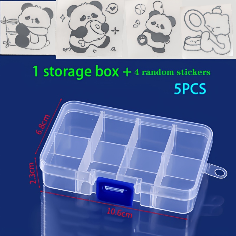 TEMU 1pc Storage Box + 4pcs Random Style Stickers, 5pcs, 8-compartment Detachable Transparent Storage Box, Durable Plastic Organizer, Desktop