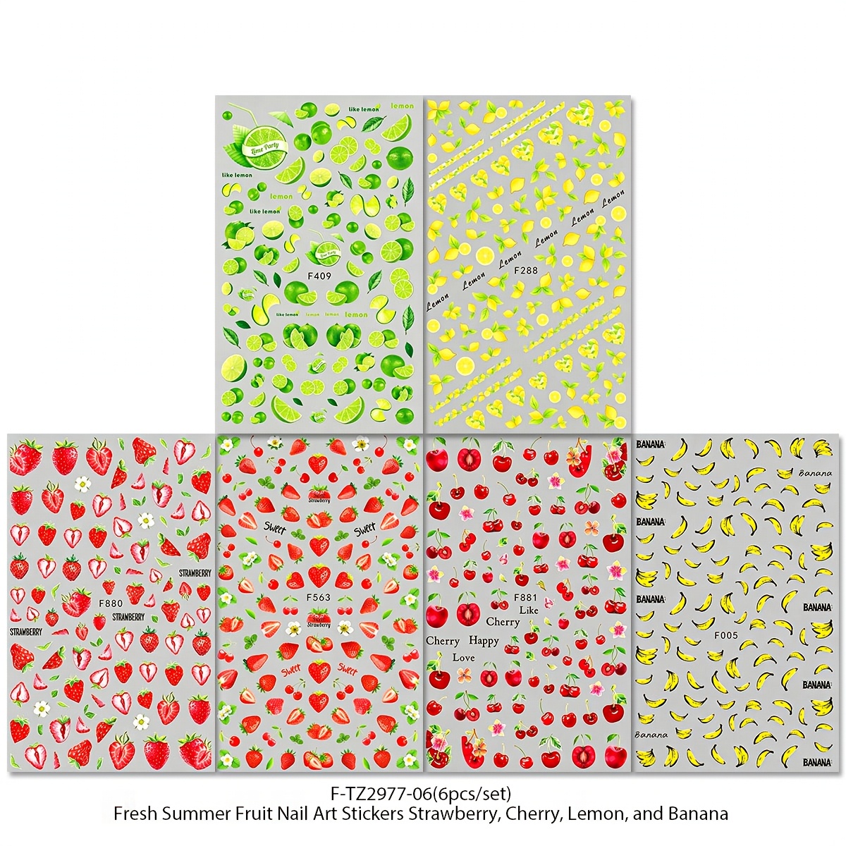 Image of 6pcs Fruit Nail Stickers Set - Cherry And Lemon Banana Nail Stickers - Spring/summer/picnic Party/fruit Season/daily Vitality Nail Decoration Stickers