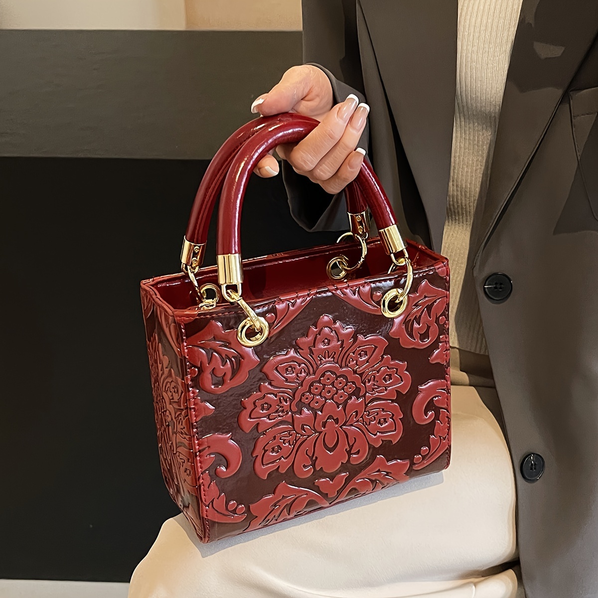 Vintage Embossed Floral PU Handbag For Women, Chinese Style Fashion  Shoulder Bag, Elegant Retro Textured Satchel Bag