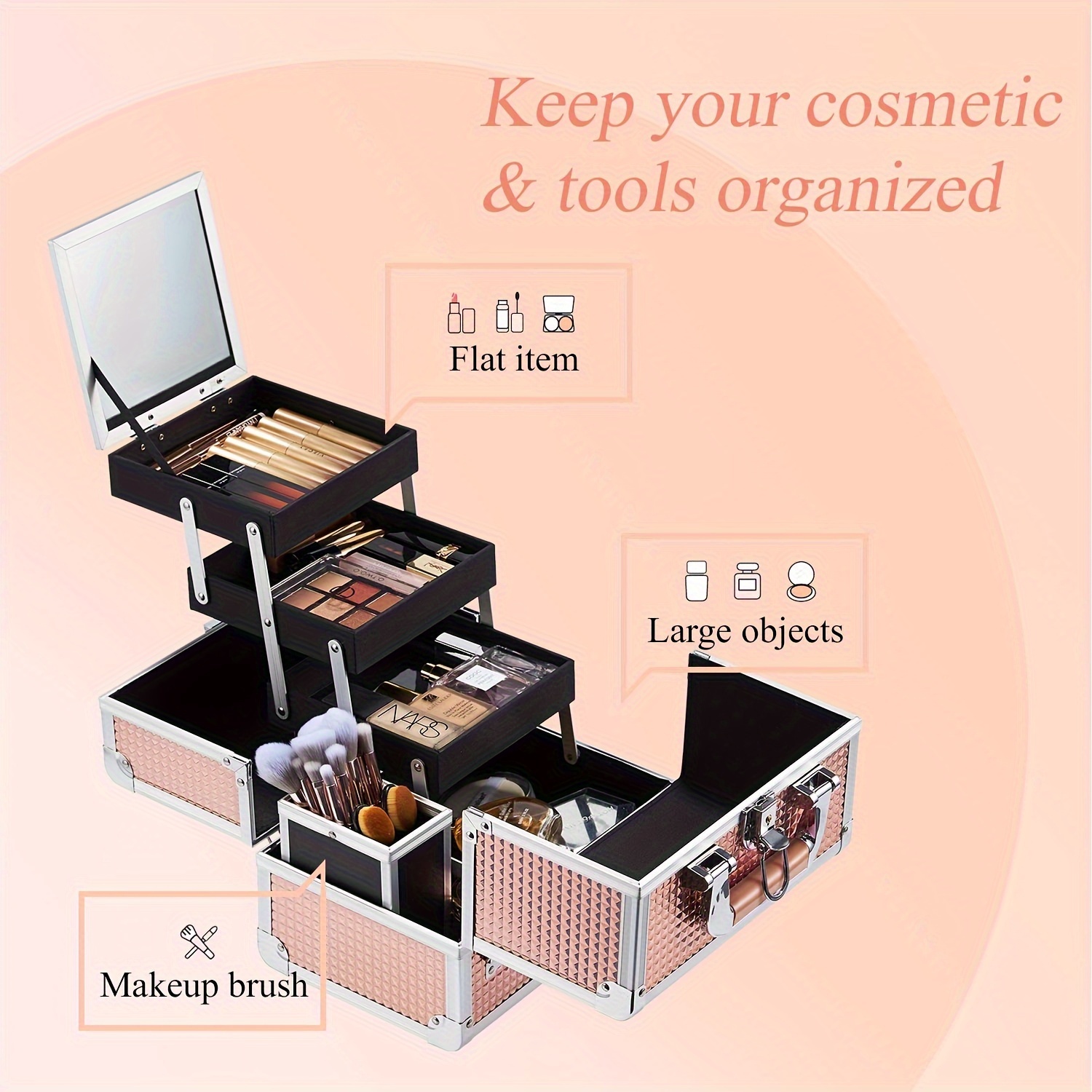 portable aluminum makeup case with trays diamond textured abs cosmetic organizer large capacity for nail tools durable travel friendly vanity box for artists daily use details 6