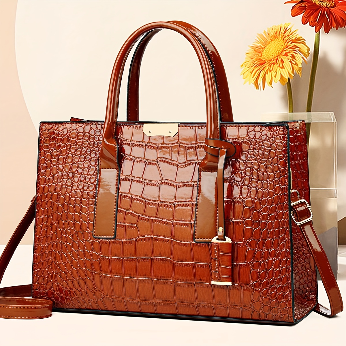 TEMU Classic Elegant Square Handbag, With Crocodile Pattern, Solid Color All-match Shoulder Bag For Women