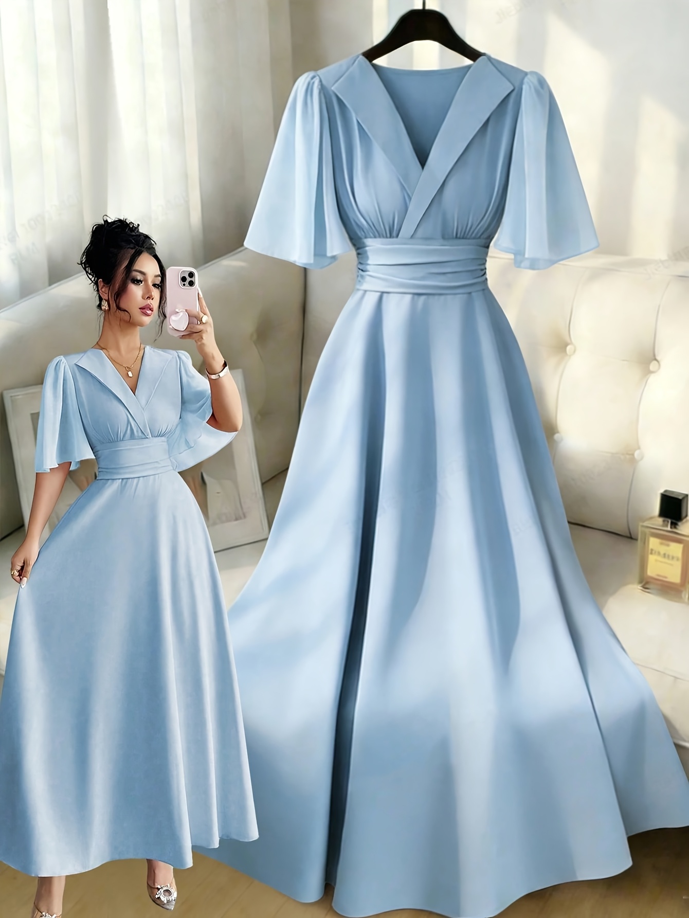 Women's Solid Color Elegant Dress, New Summer V-Neck A-Line Flowing Dress for Casual to Formal Wear, Machine Washable
