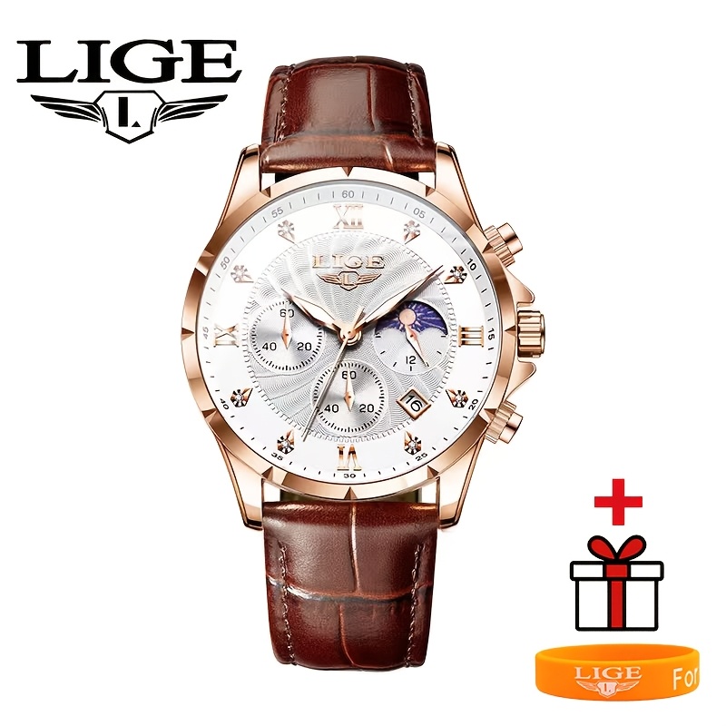 TEMU Lige Luxury Quartz Watch For - Elegant Vintage Style With Moon Phase Calendar, Date Display, Alloy Case, Faux Leather Strap, Up To 30m, Business