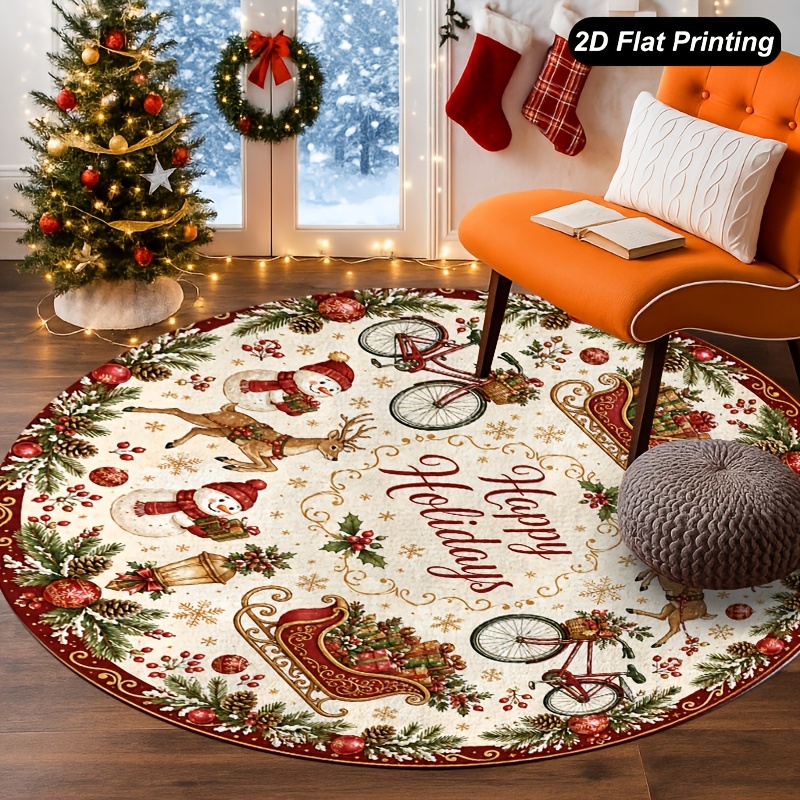 1pc 2d flat round rug sleigh deer holiday doormat lightweight circular rug for bedroom living room kitchen entryway safe home flooring rugs for xmas living room home decor christmas decoration