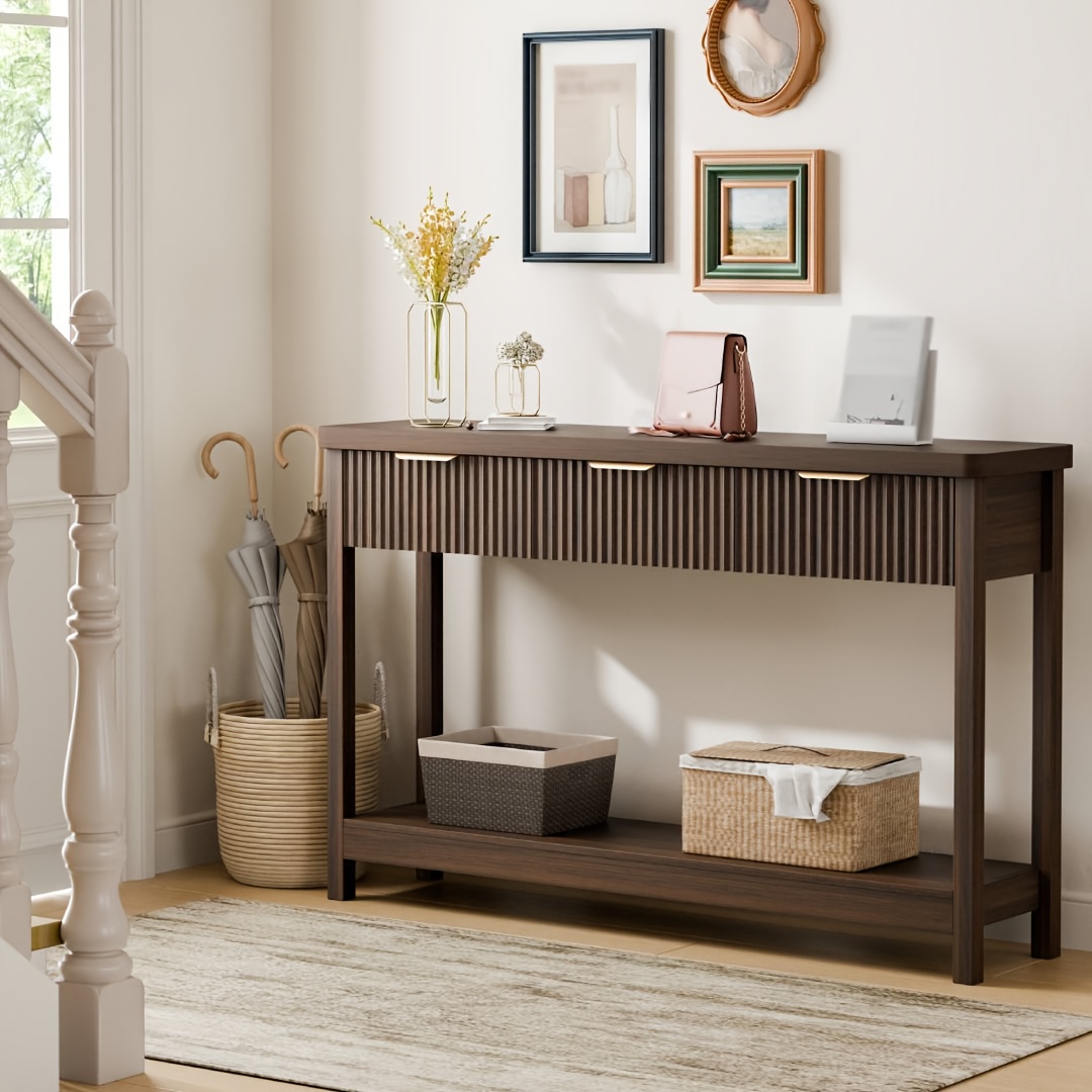 51 IN Fluted Console Table with 3 Drawers, Modern Entryway Table with Metal Handles, Sturdy Solid Wood Design, Hallway Table with Storage, for Living Room And Hallway