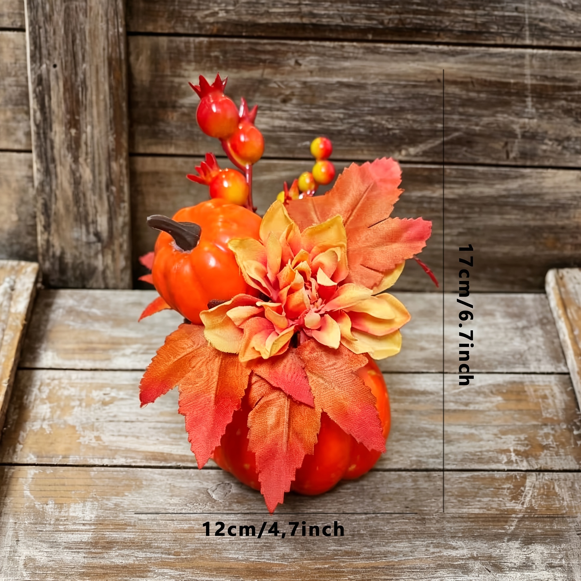 TEMU Realistic Pumpkin, Autumnal Fake Pumpkin Flower Tabletop Ornament, Thanksgiving Atmosphere Decor, Dahlia Maple Leaf Berry Pumpkin Arrangement,