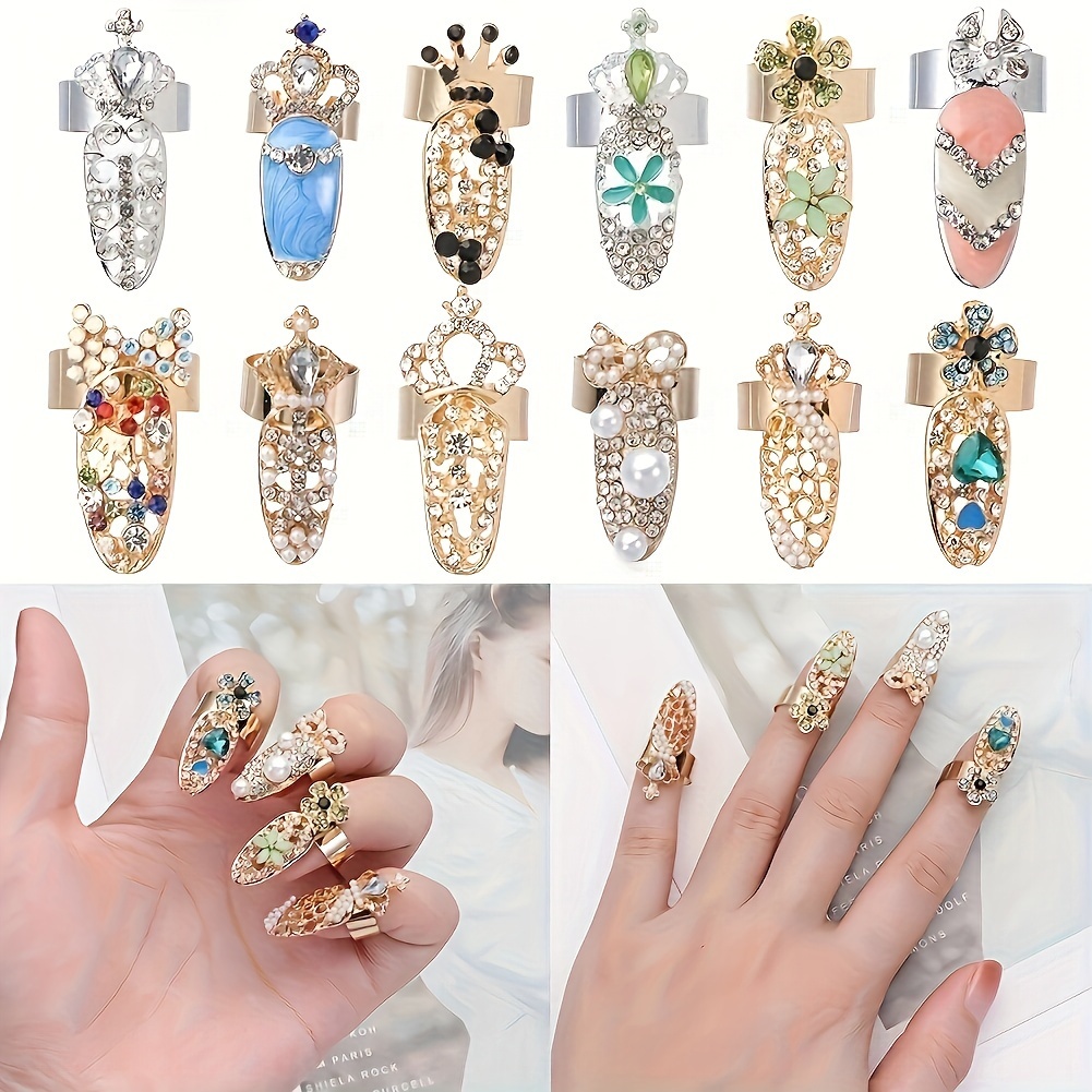 TEMU 12 Pcs Women Luxury Ring Fashion Bowknot Knuckle Decoration Tip Nail Art Charm Crown Flower Crystal Finger Nail Rings