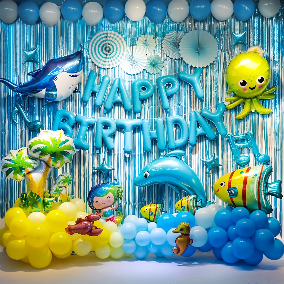 

Ocean Theme Birthday Party Decorations Shark Birthday Party Supplies For Boys - Under The Sea Party Include Sea Animal Balloons Birthday Banner Navy Blue Hanging Paper Fans Latex Balloons
