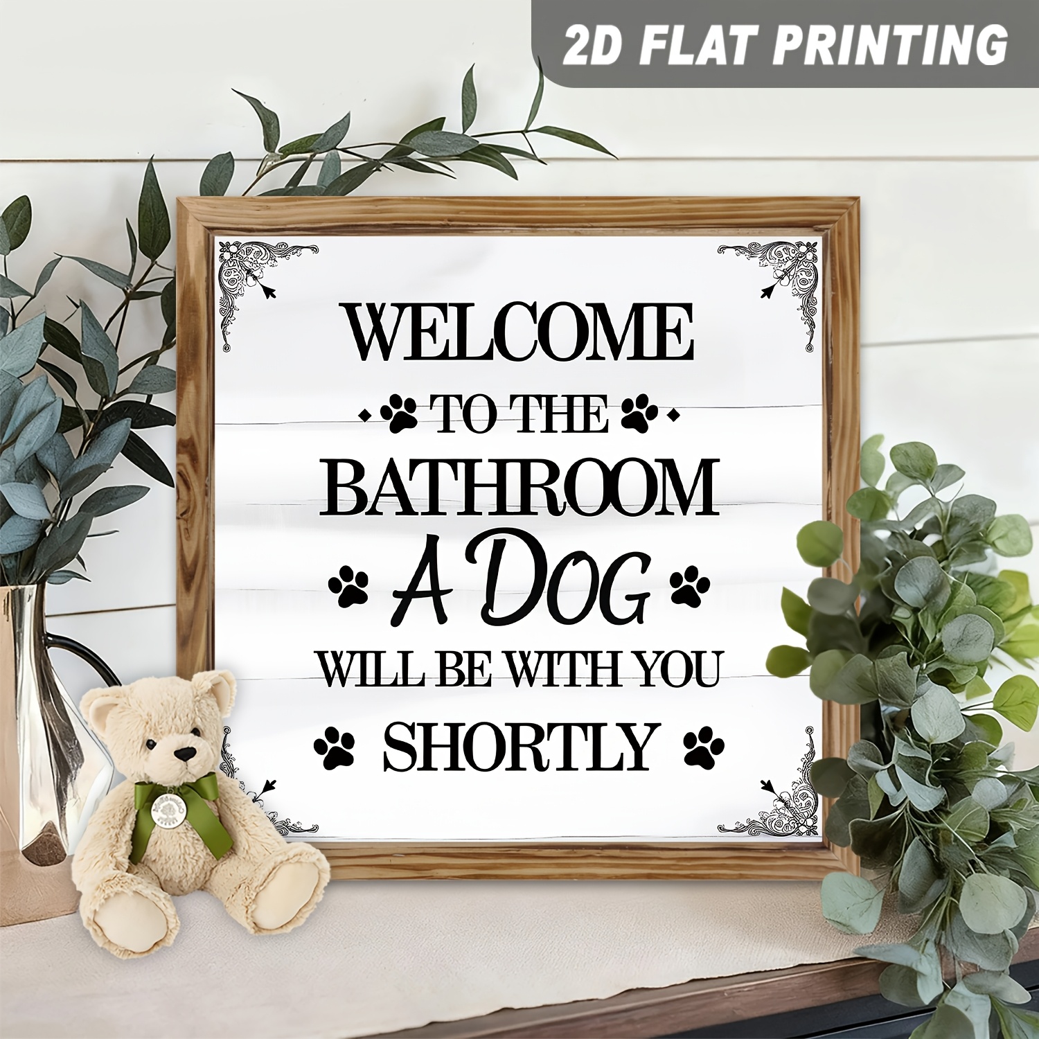 TEMU 2d Flat - A Wooden Sign Measuring 8x8 Inches, Featuring A Vintage Design That 'welcome To The Bathroom, A Dog With You .' Pet Lovers, This Wall