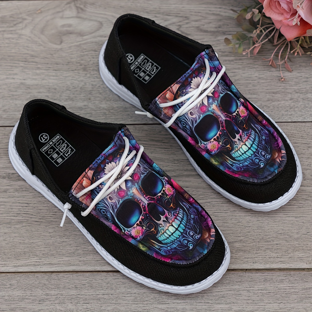 

Women's Skull Pattern Canvas Shoes, Slip On Lightweight Soft Sole Walking Shoes, Round Toe Halloween Shoes