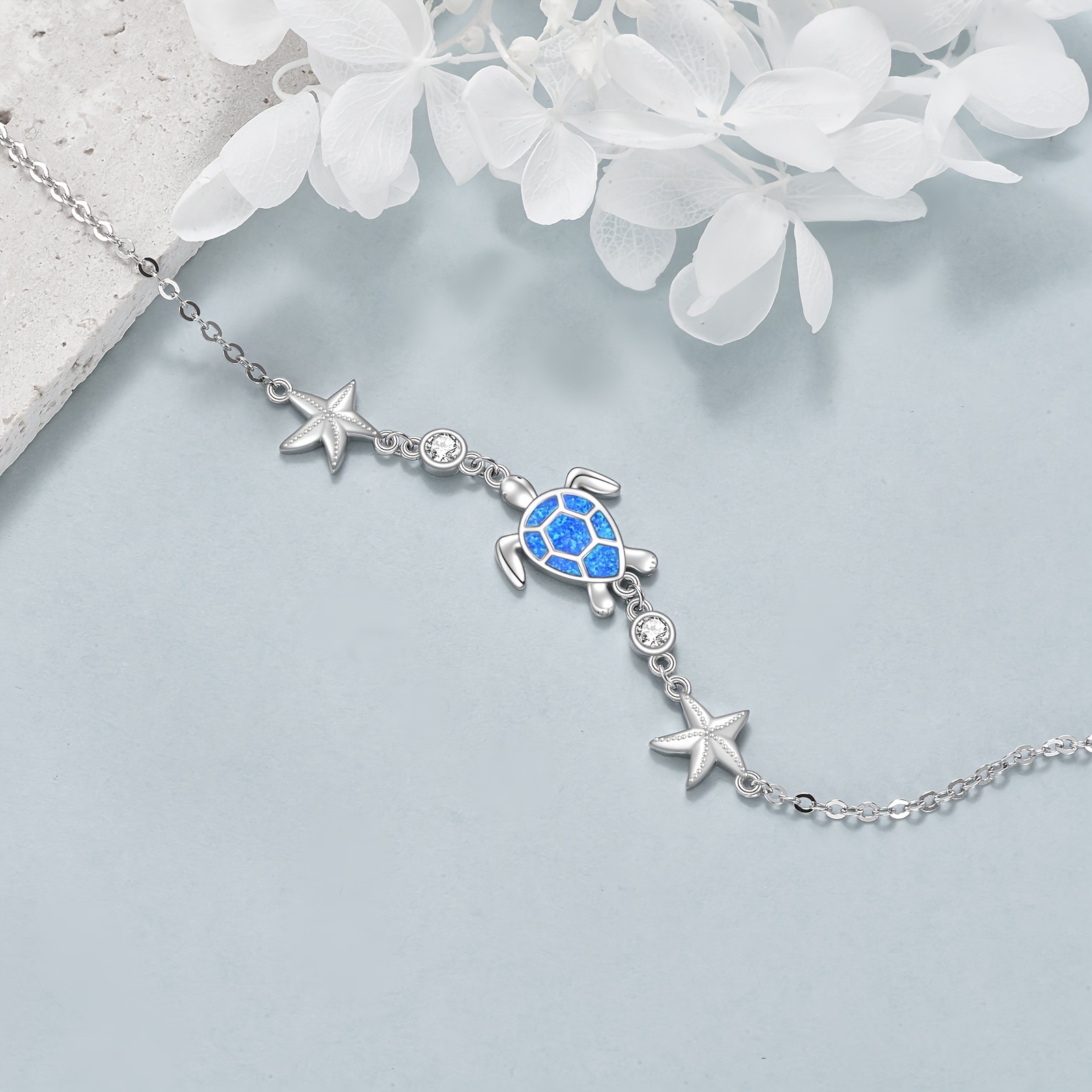 925 Sterling Silver Opal Sea Turtle Link Chain Starfish Bracelet