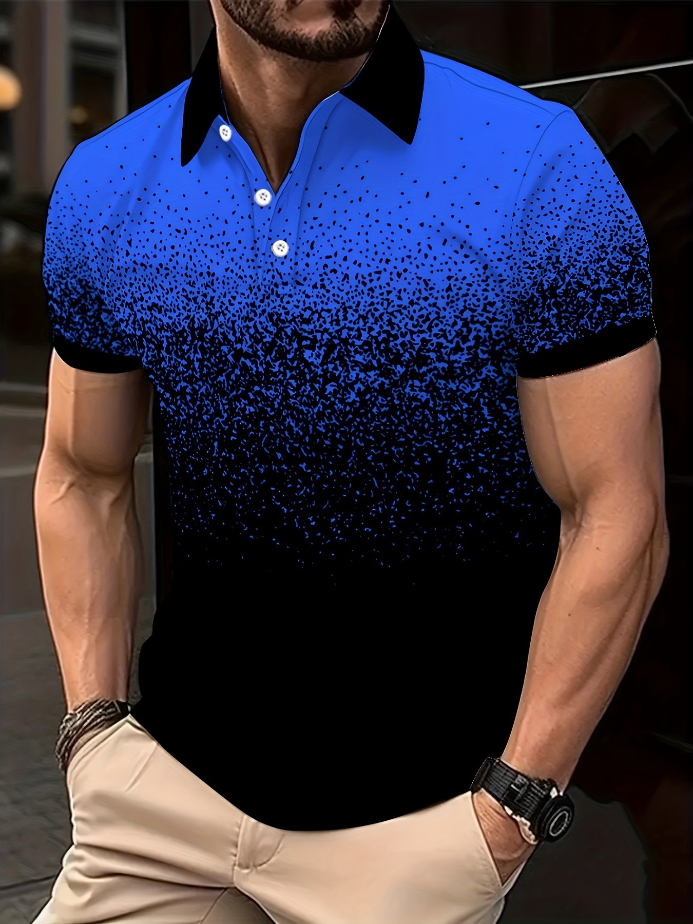 Plus Size Men's Gradient Color Pattern Graphic Print Golf Shirt For Summer, Trendy Casual Short Sleeve Tees For Big & Tall Males