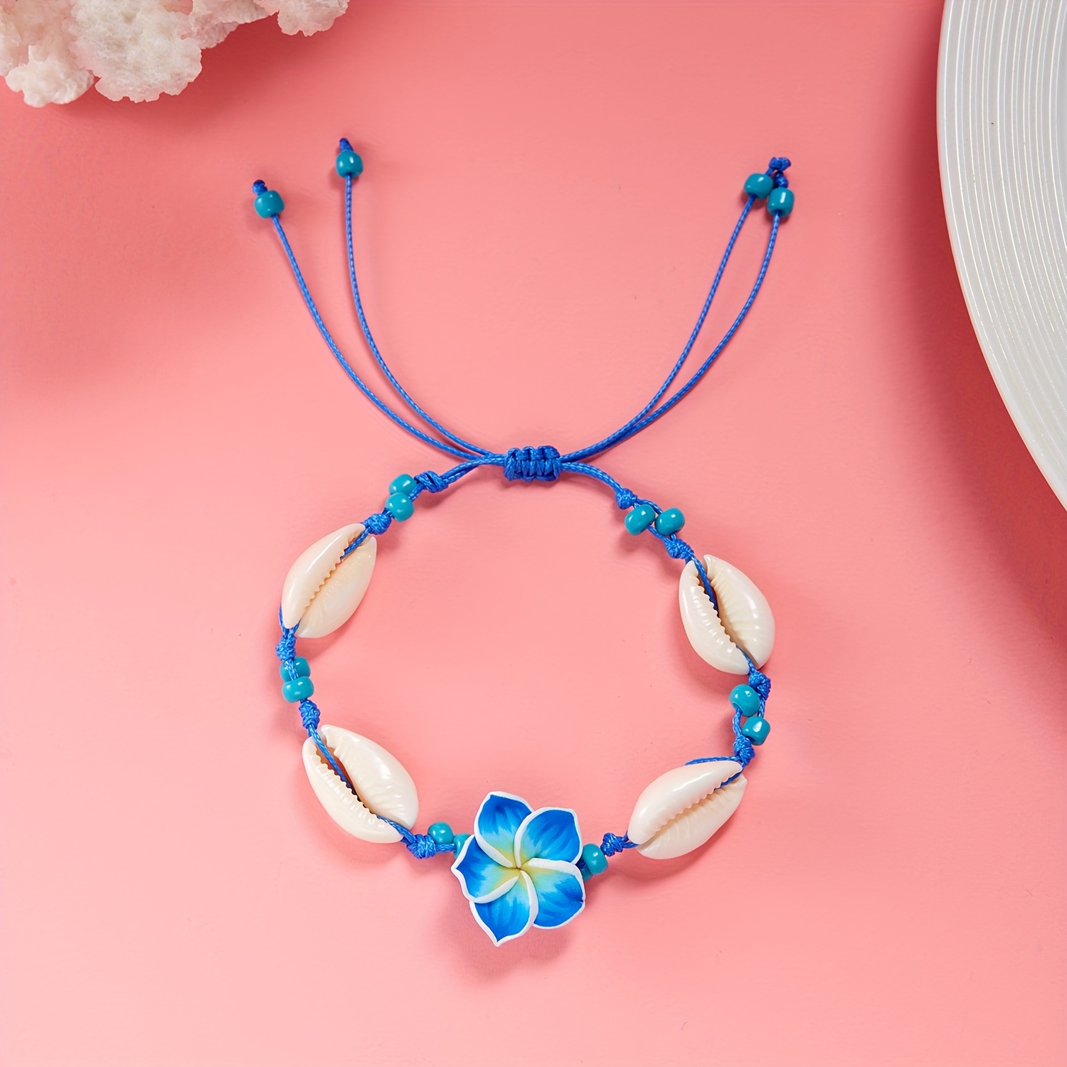 TEMU 1pc Bohemian Style Soft Clay Flower Shell Woven Bracelet - Fresh Colorful Egg Soft Clay Flower Adjustable -one Bracelet And Anklet, Beach