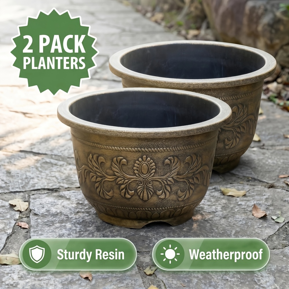 TEMU 2pcs Of 16-inch Large Round Resin Flower Pots, Thickened And Durable Pots, No Drainage Holes, Suitable For Hydroponic Planting, Indoor/outdoor