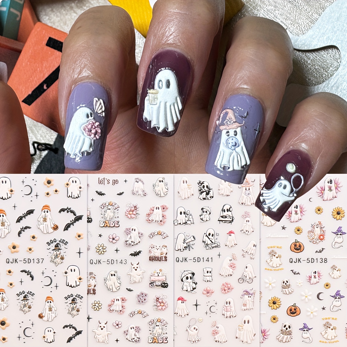 

Spooky Halloween Nail Stickers: 4-piece Set With Cute Ghosts, Bats, And Pumpkins - Self-adhesive, Reusable, And Glittery For Your Manicure!