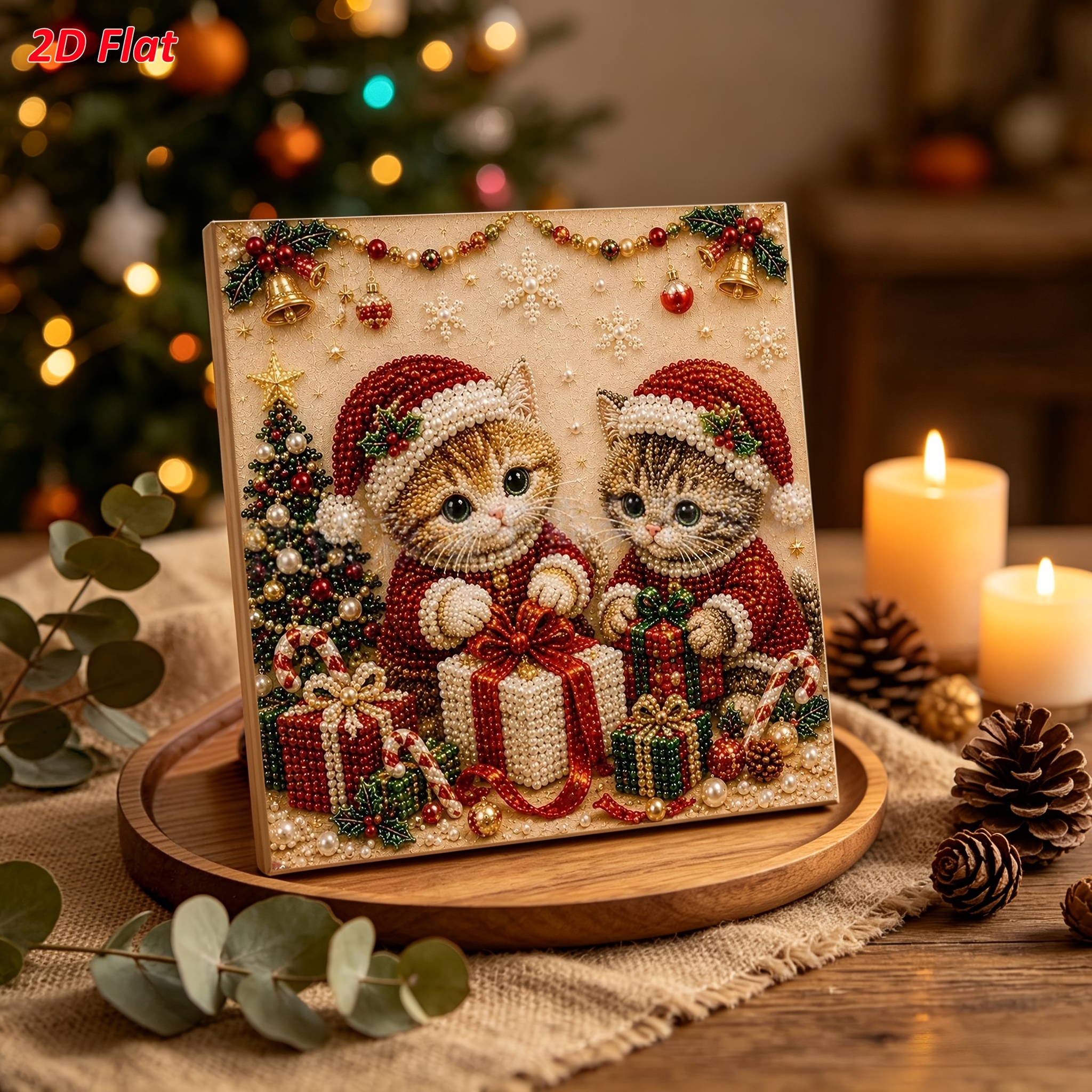 TEMU 2d Flat Diy Frameless Pearl Diamond Painting Kit, Christmas Cat Theme, , Pre-printed Canvas, Easy Stress-relief Craft For Beginners, Festive