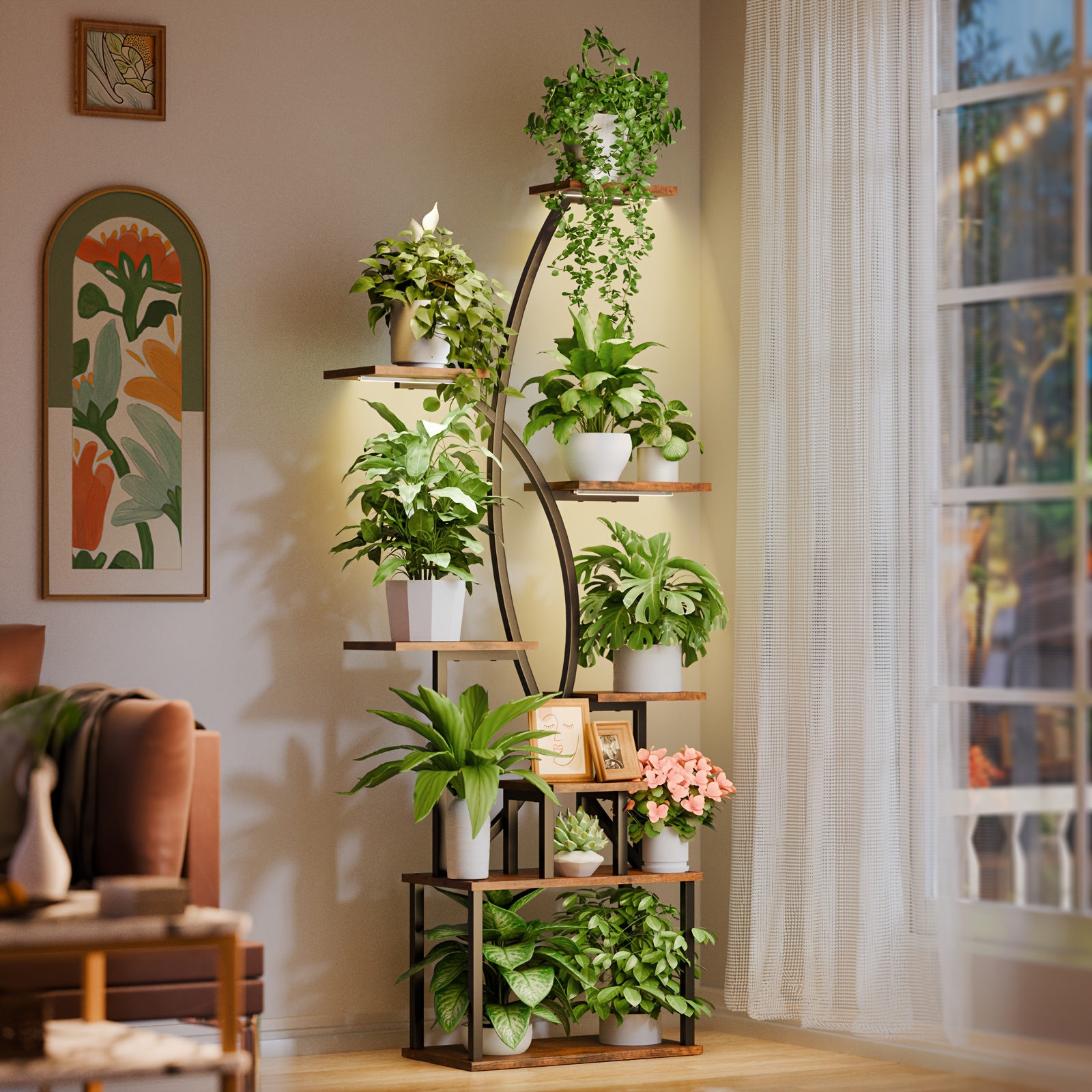 Image of Indoor Plant Stand Featuring A Grow Light, An 8-tier Tall Shelf Designed For Indoor Plants, Measuring 65 Inches. This Large Metal Display Rack Has A Curved Shape