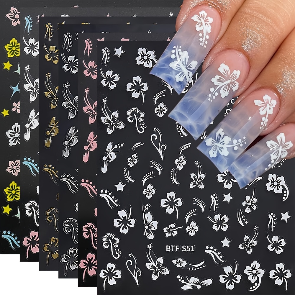 

6 Sheets 3d Self-adhesive Floral Nail Stickers - Plastic Hibiscus Decals With Embroidered Finish, Glossy Tropical Plant Nail Art Embellishments, Single-use Oblong Manicure Accessories For Women Girls