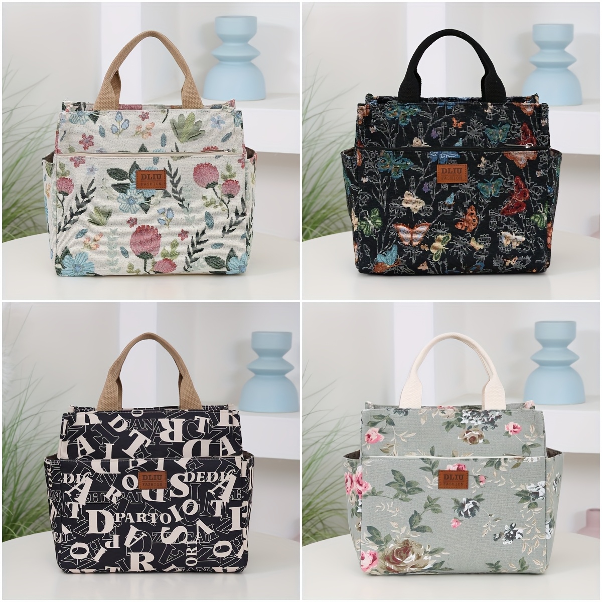 neu  , verstärktes stoff-material, handtasche, lunchbox-aufbewahrungstasche, bento-tasche, tragetasche, leinwand-stil,   für outdoor-picknicks,   für arbeitslunchs, täglicher gebrauch, mit aluminiumfolien-isolierung innen, großes fassungsvermögen, retro-design, schulstart- , ramadan-fest, lebensmittelunbedingt, schultasche