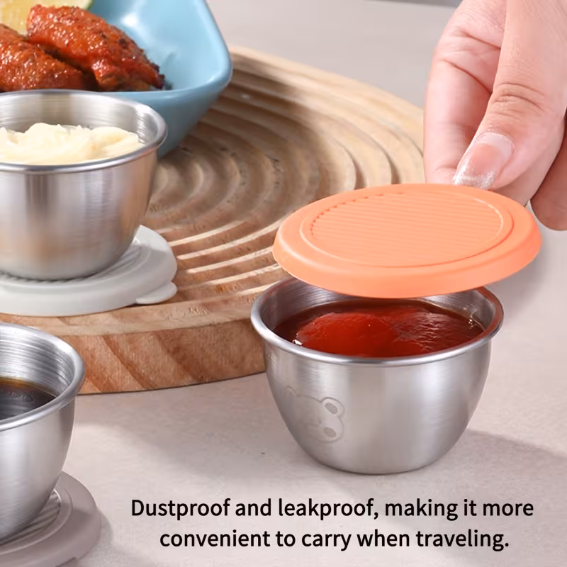 2 5 10pcs pack 304 stainless steel sauce cups with lids thickened 1 5oz mini leak proof dipping bowls for ketchup soy sauce salad dressing cute portable cutlery for kitchens restaurants and picnics 4